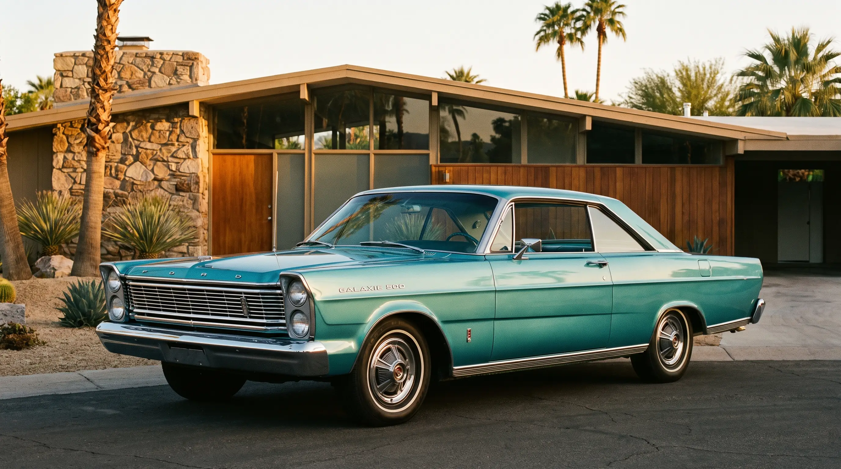 Turquoise 1965 Ford Galaxie 500 XL hardtop parked at a mid century modern house at golden hour