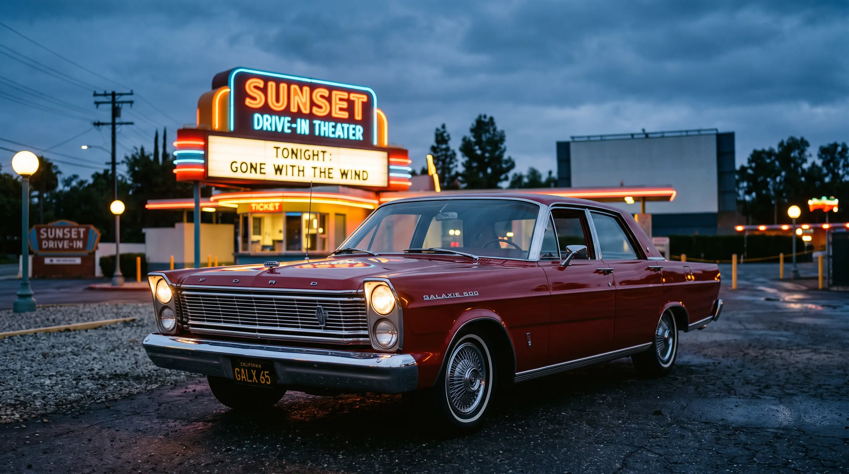 Classic 1965 Ford Galaxie parked outside a vintage drive in theater with neon glow at dusk