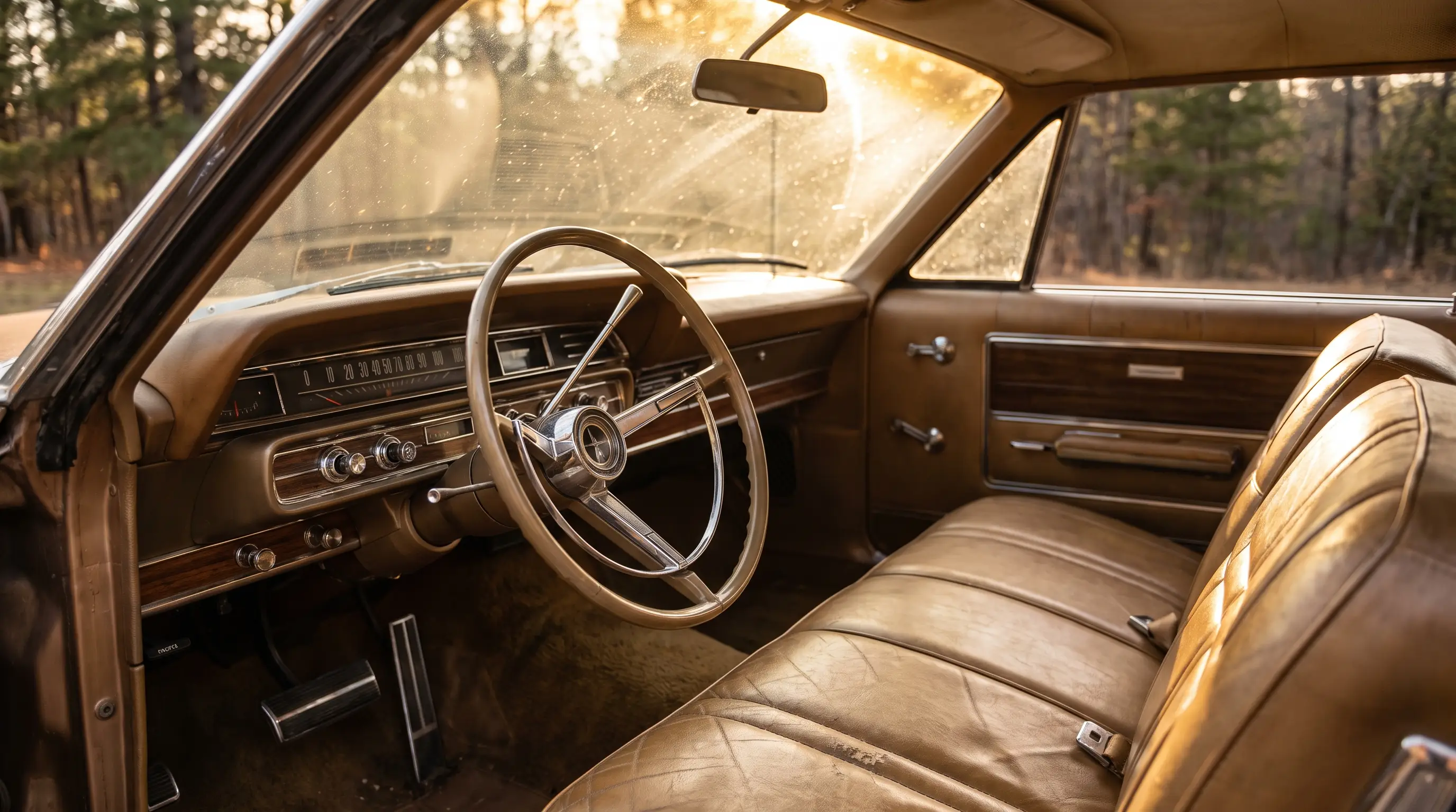 Interior cabin of a 1965 Ford Galaxie with tan leather seats and chrome dash