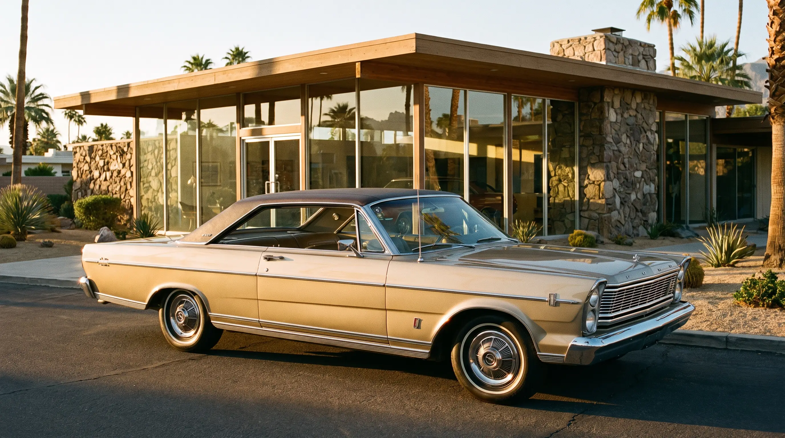 Gold 1965 Ford LTD with chrome trim parked outside a showroom at golden hour