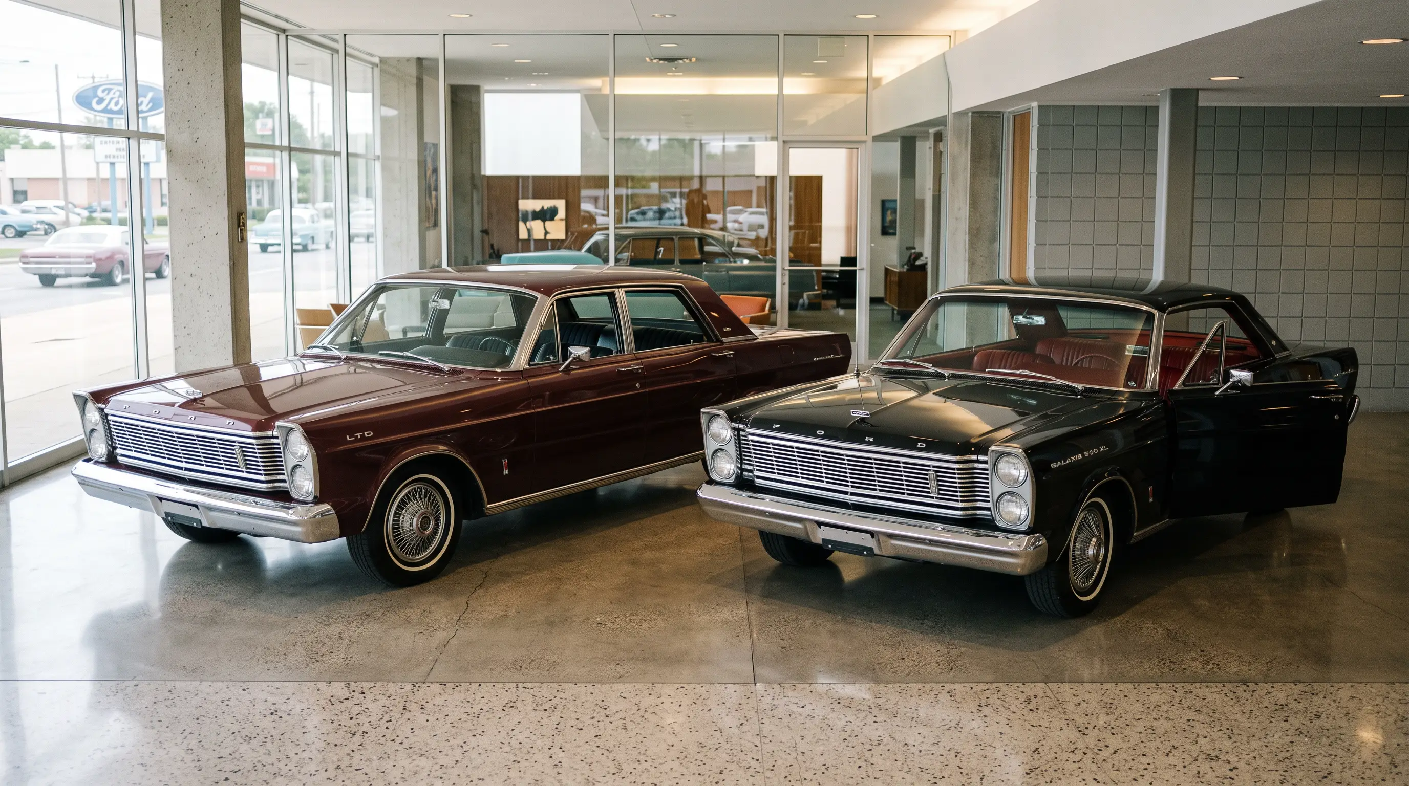 1965 Galaxie LTD and 500 XL parked side by side in a bright showroom