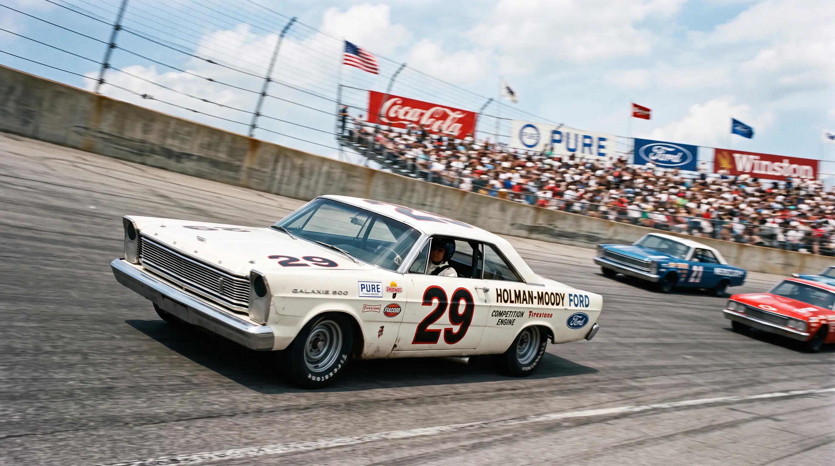 White 1965 Ford Galaxie NASCAR stock car racing on a high banked superspeedway