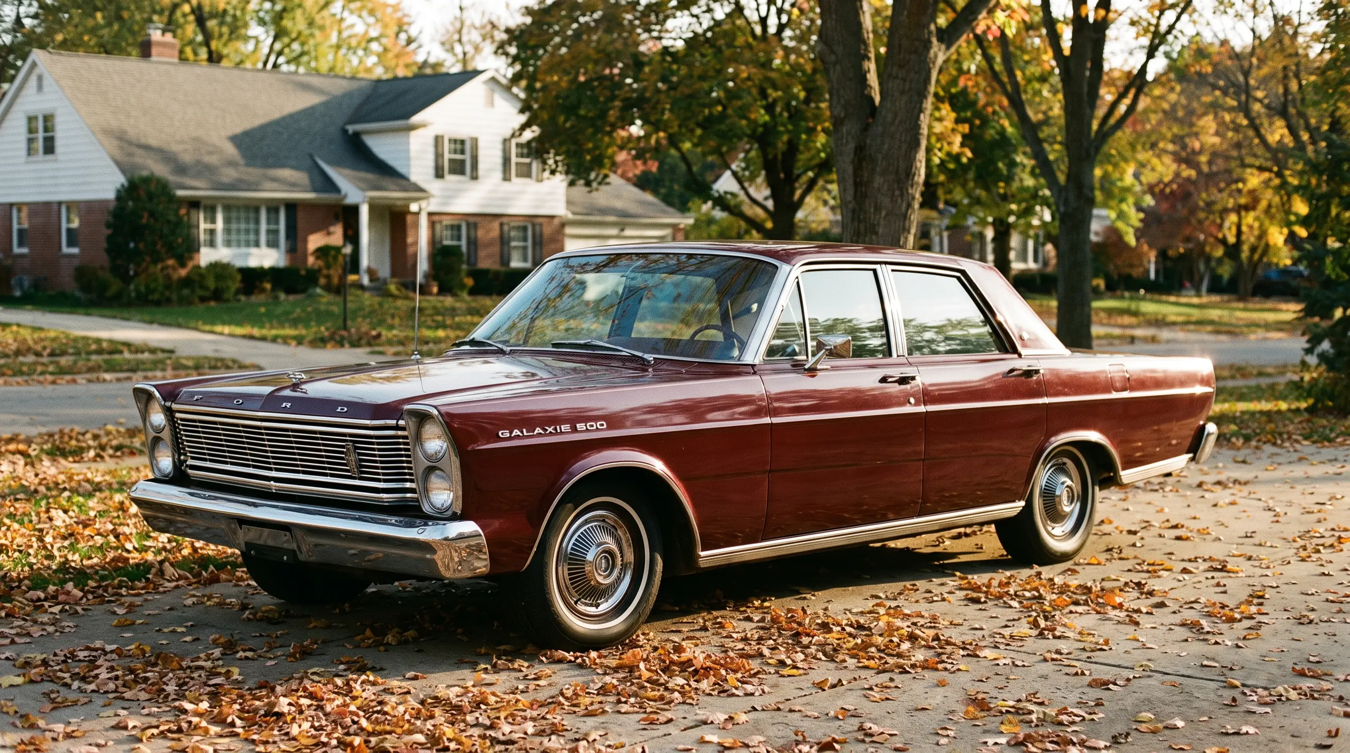 Deep maroon 1965 Ford Galaxie 500 sedan parked in a suburban driveway with autumn leaves
