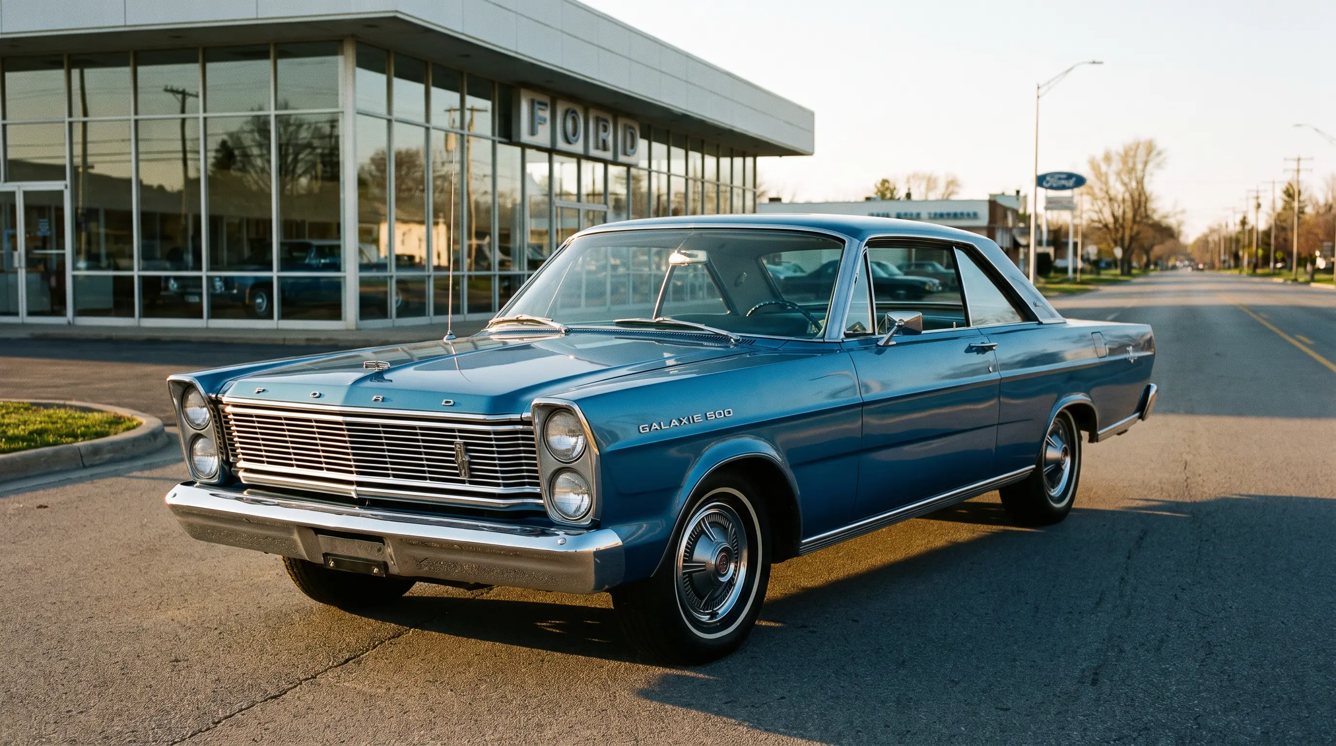 1965 Ford Galaxie 500 with stacked headlights parked on avenue at golden hour