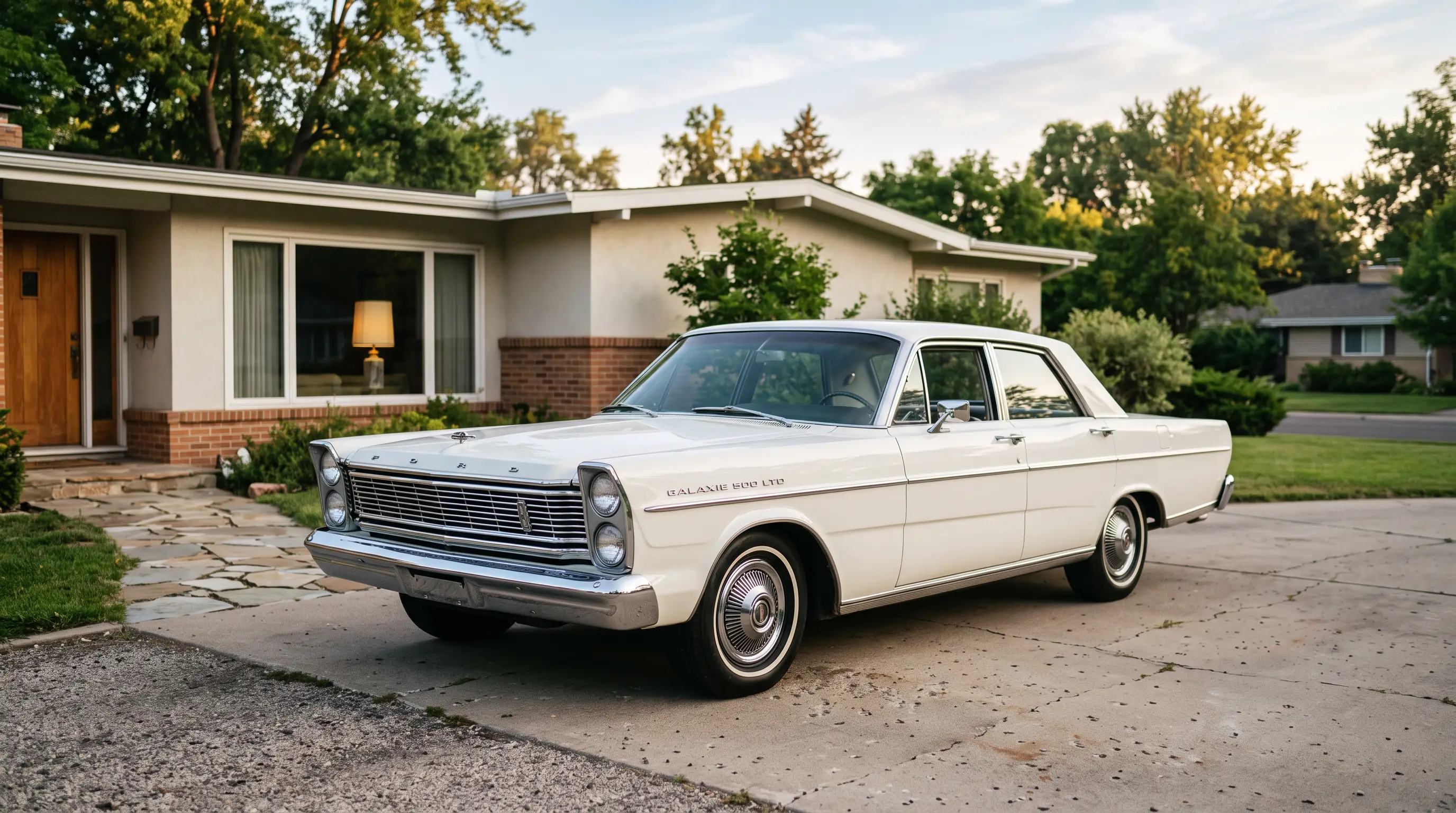 White 1965 Ford Galaxie 500 LTD with stacked headlights outside a mid century home