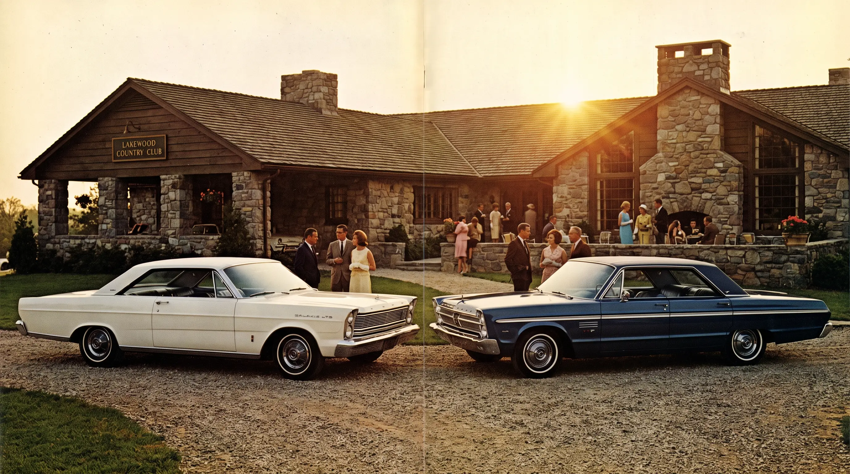 White 1965 Ford Galaxie LTD nose to nose with a blue Plymouth Fury VIP at a country club