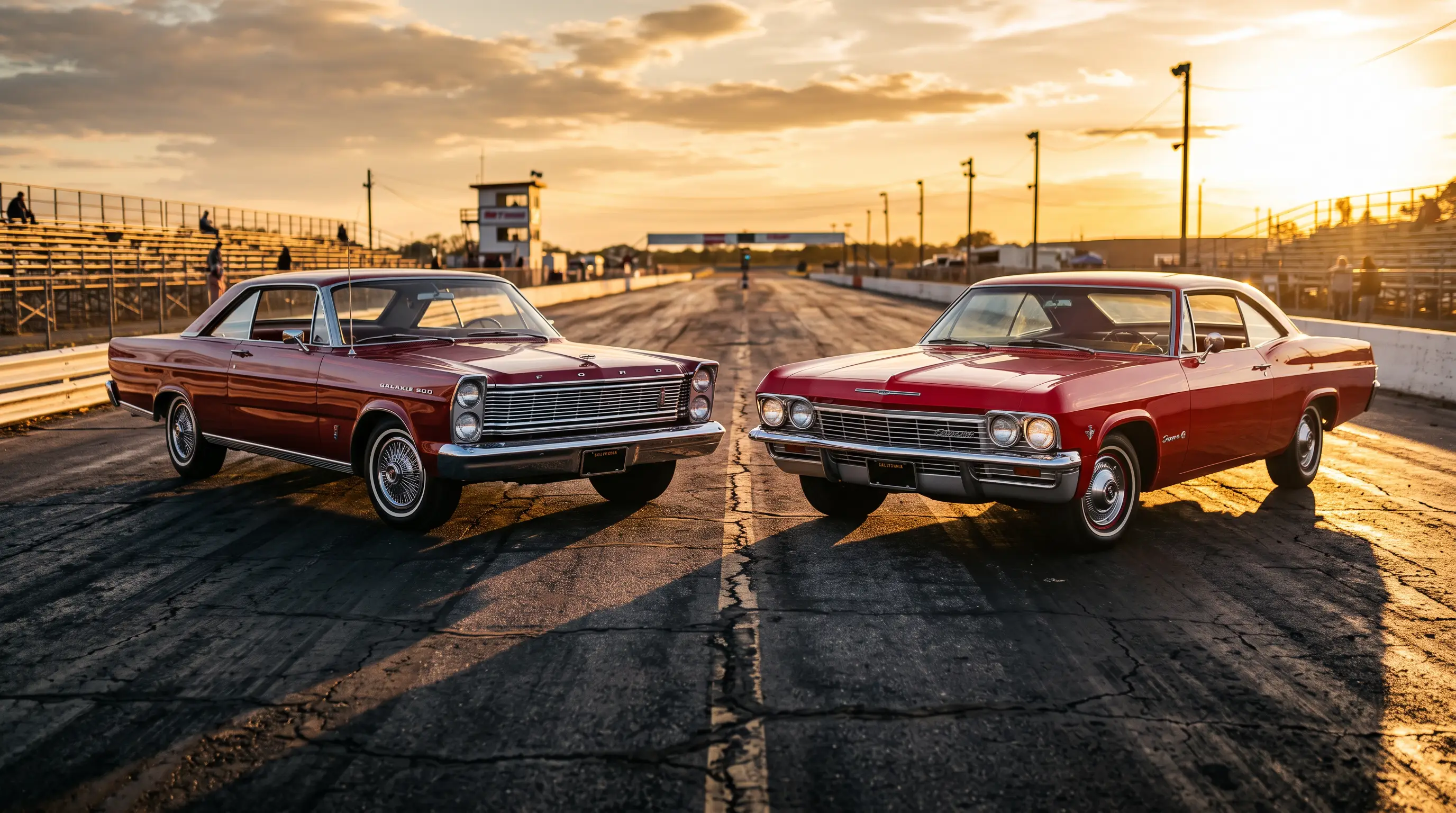 1965 Ford Galaxie and Chevy Impala parked side by side on a drag strip at sunset