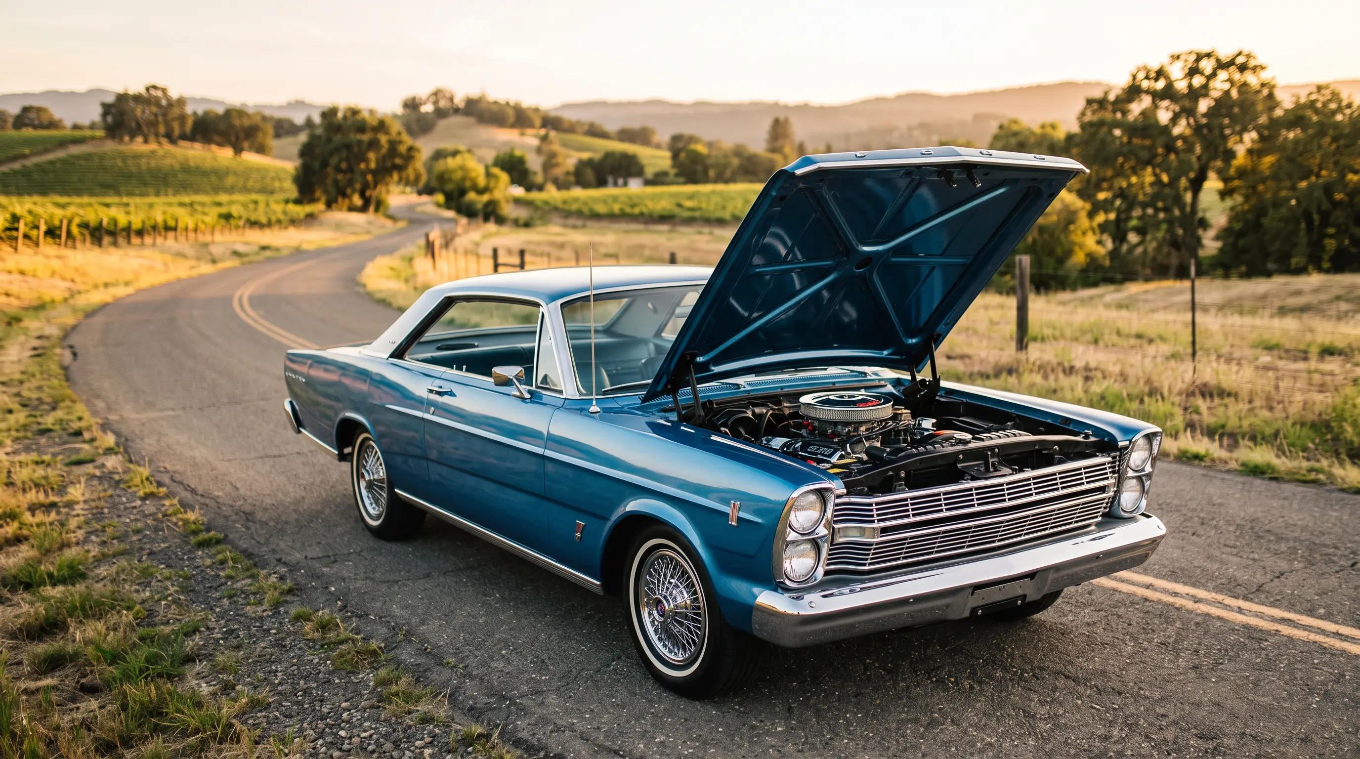 1966 Ford Galaxie 500 in metallic blue on a quiet country road at golden hour with hood open
