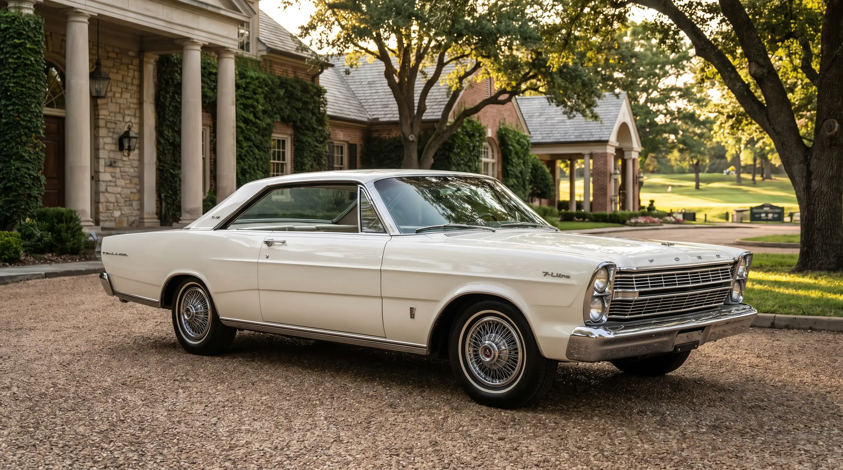 1966 Ford Galaxie 7 Litre in pearl white parked outside a country club at golden light