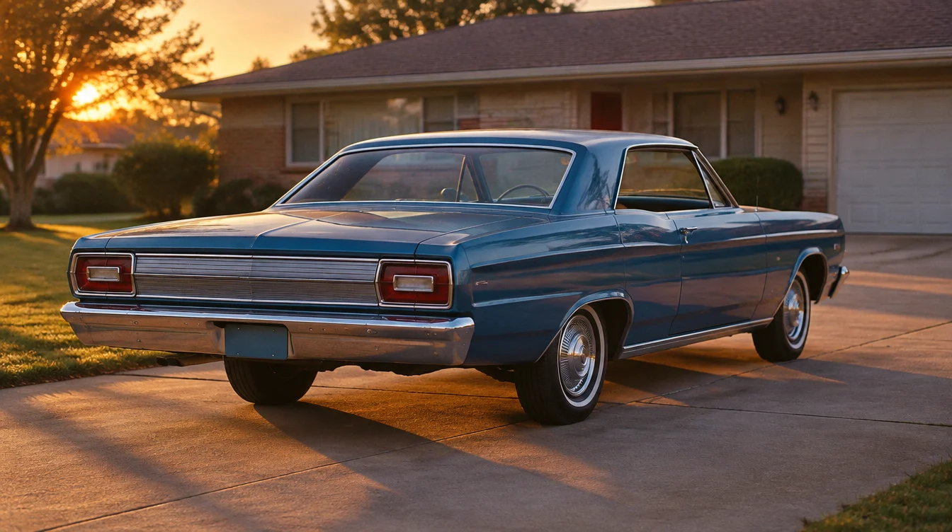 Blue 1966 Ford Galaxie two-door hardtop in a suburban driveway at golden hour