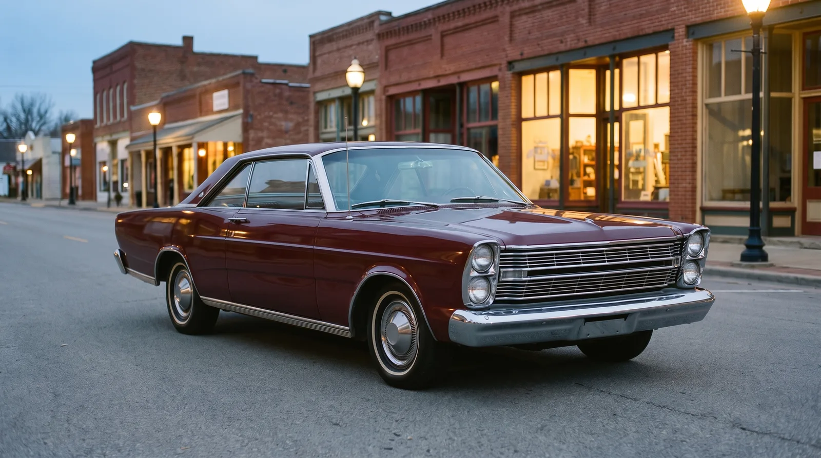 1966 Ford Galaxie 500 two-door hardtop, small-town street at blue hour