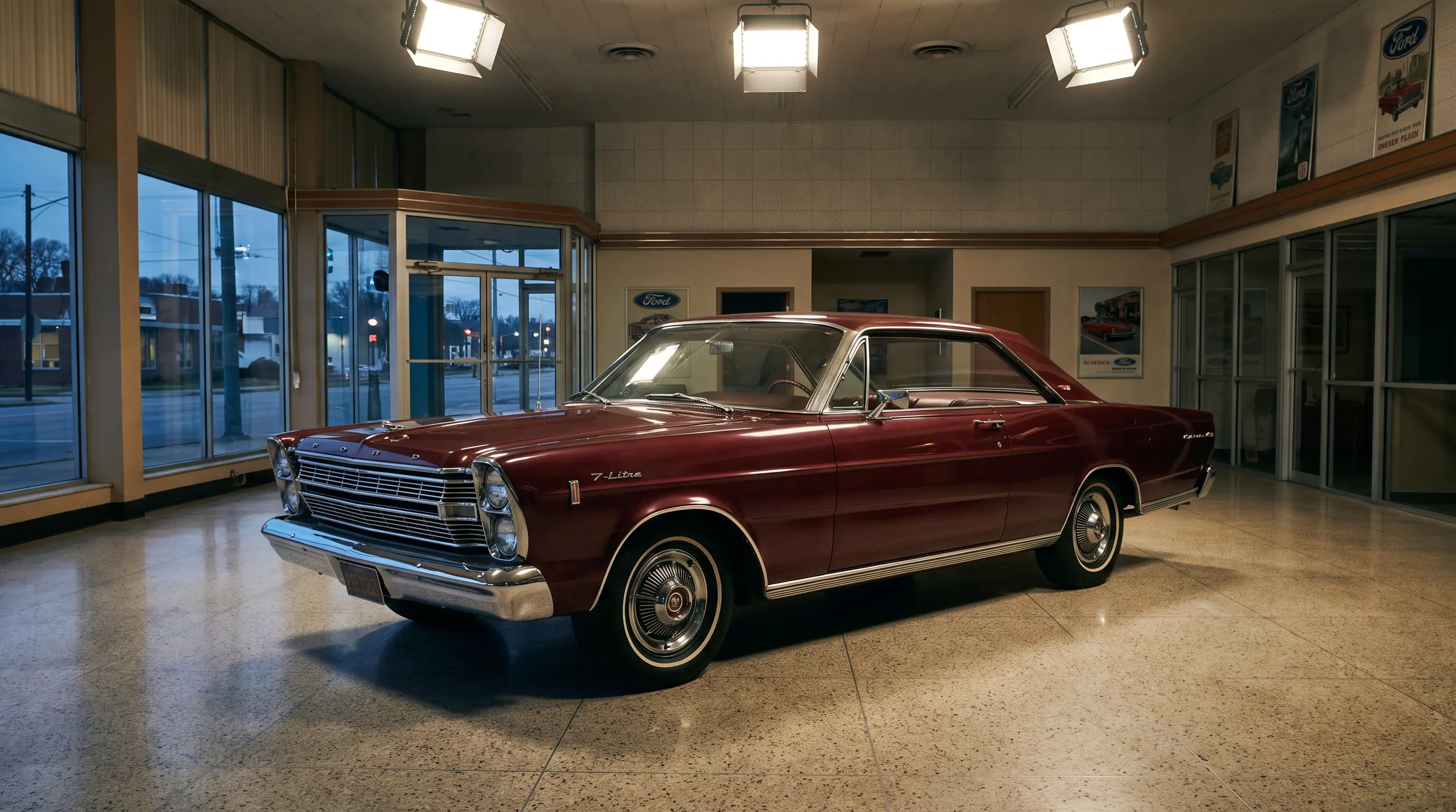 Burgundy 1966 Ford Galaxie 7 Litre on a period showroom floor