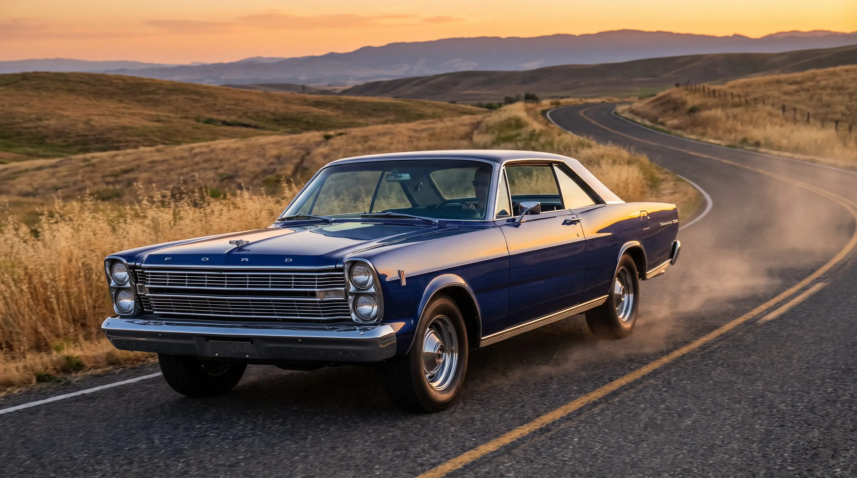 Deep blue 1966 Ford Galaxie big block on an open rural highway at golden hour