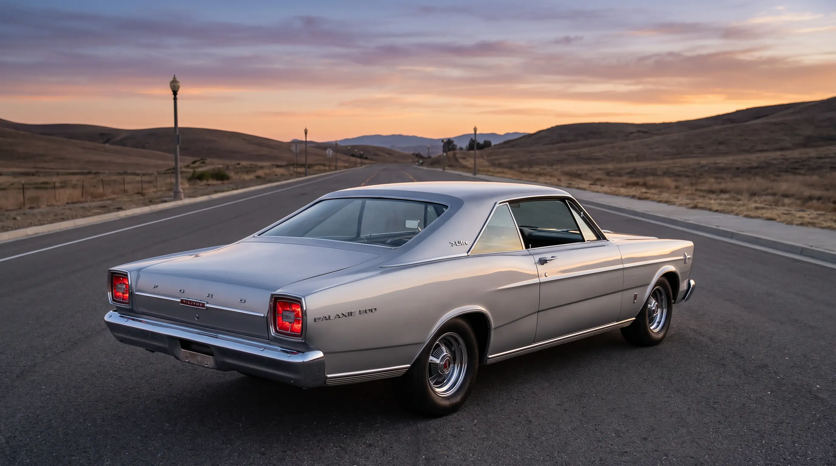 Silver 1966 Ford Galaxie fastback coupe on an empty highway at dusk