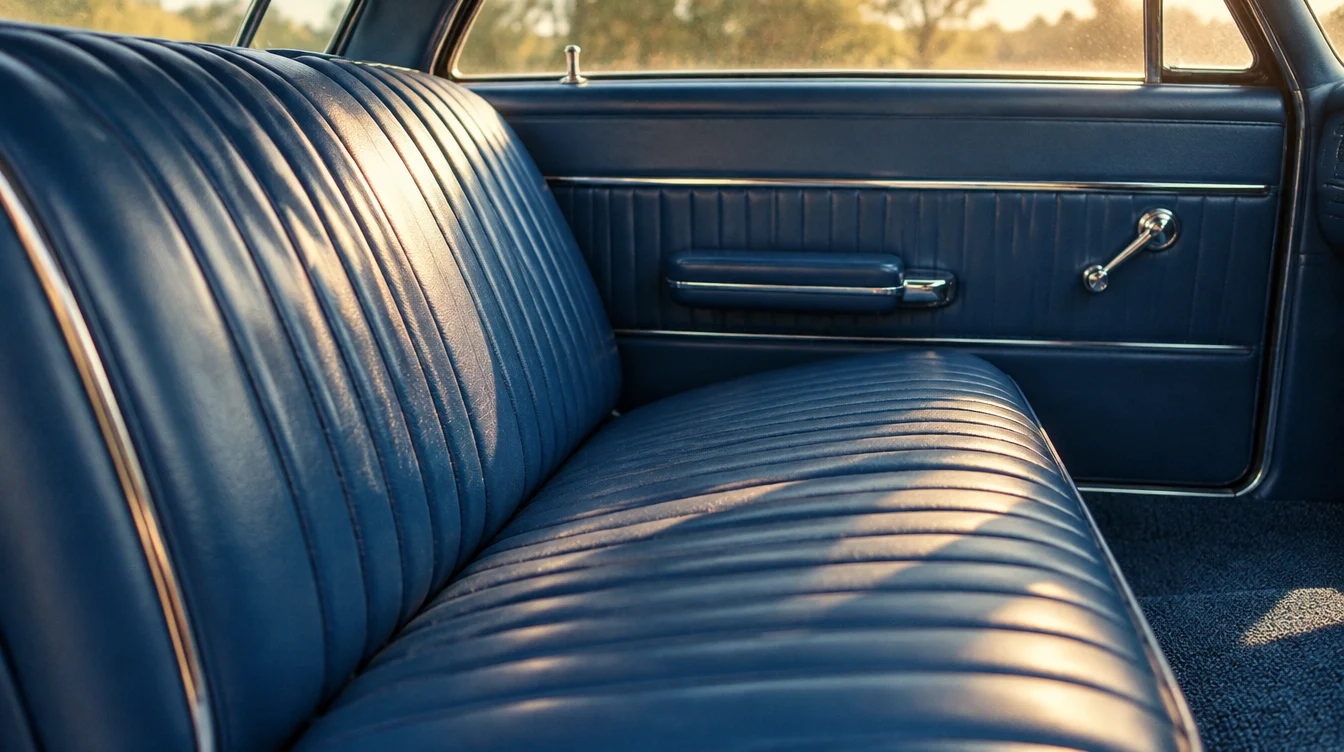 Blue pleated vinyl front bench seat and door panel of a 1966 full-size Ford