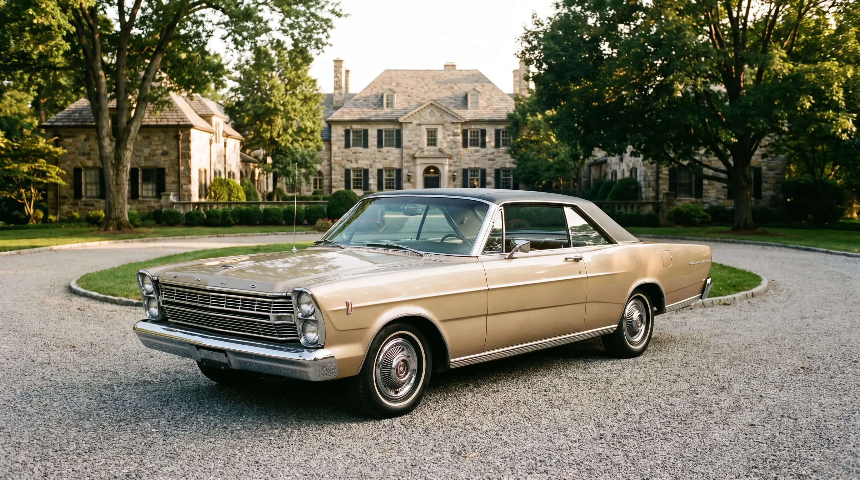 Champagne gold 1966 Ford Galaxie 500 LTD with vinyl roof at a stately estate driveway