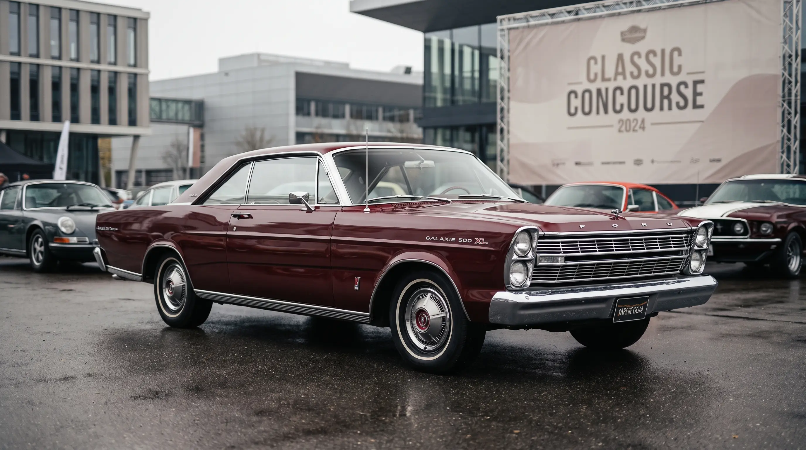 Maroon 1966 Ford Galaxie parked at a modern classic car meet under overcast light