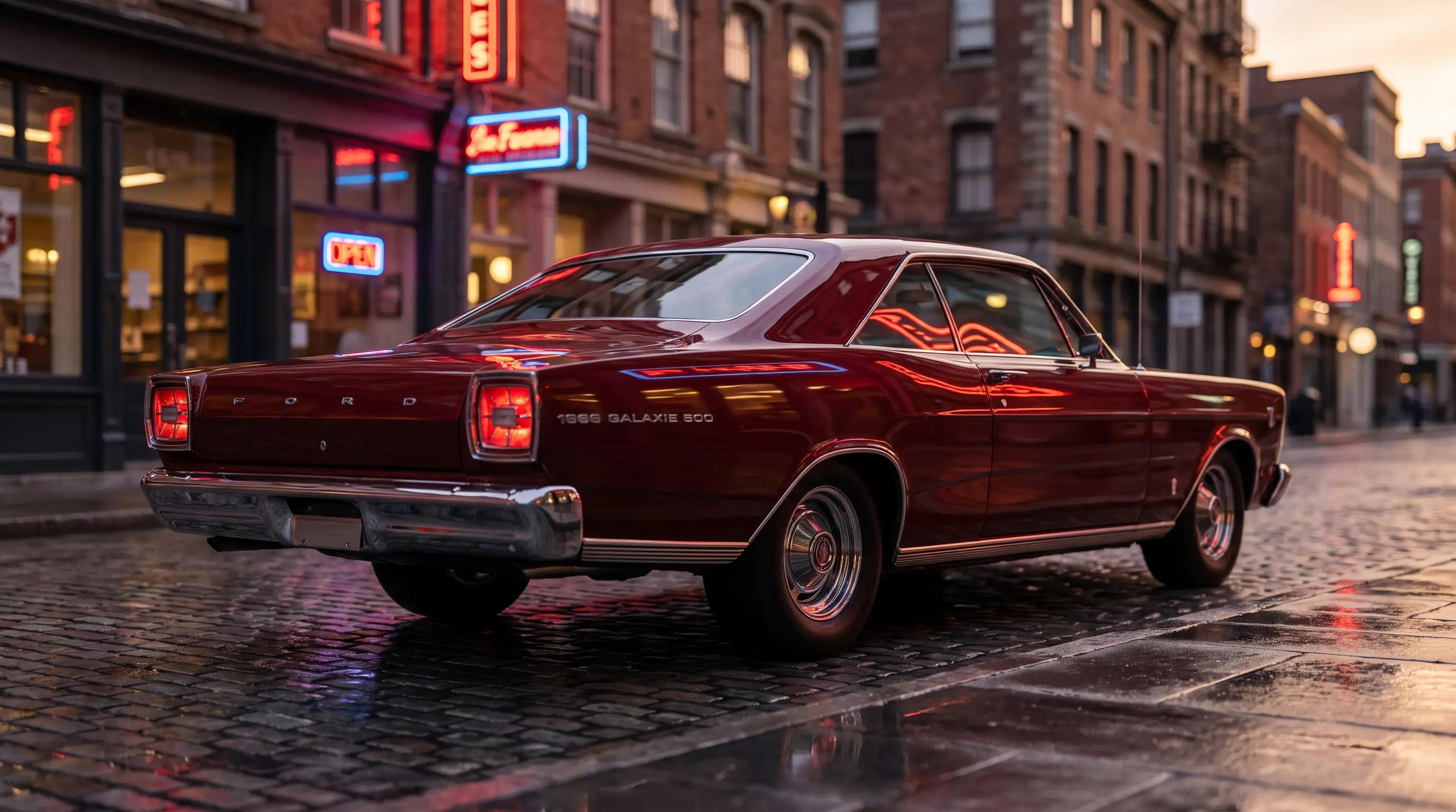 1966 Ford Galaxie 500 fastback in maroon showing coke-bottle beltline on a city street at dusk