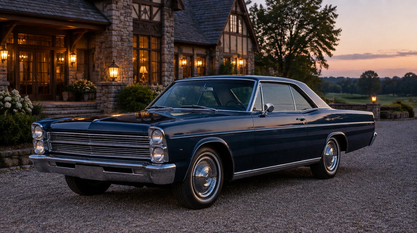 Dark blue 1966 Ford Galaxie 500 two-door hardtop outside a country club at dusk