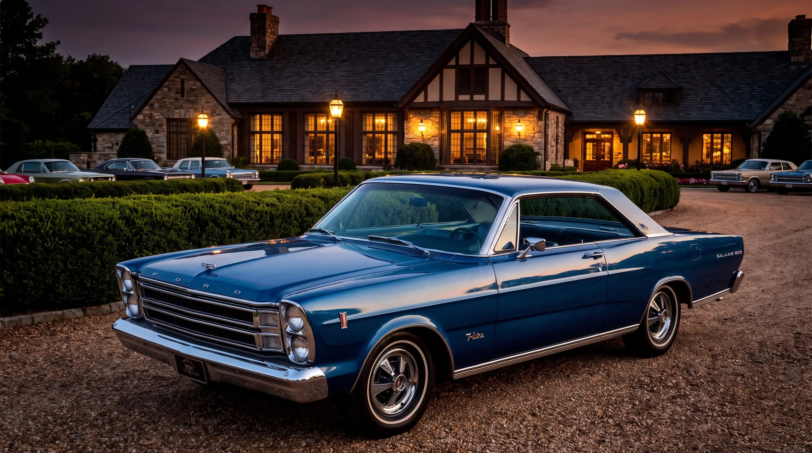 Metallic blue 1966 Ford Galaxie 7 Litre parked outside a country club at dusk