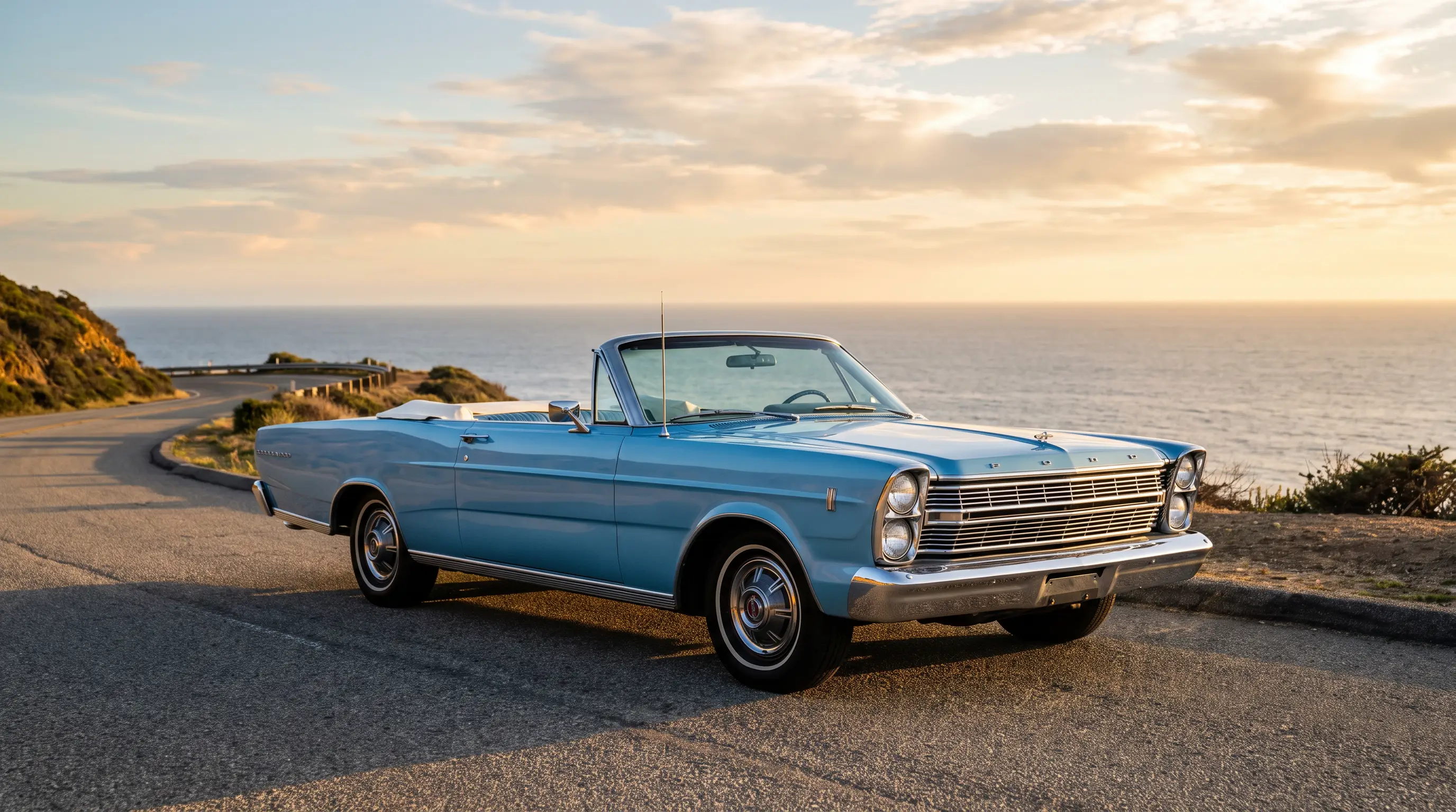 Sky blue 1966 Ford Galaxie convertible with top down on a coastal road