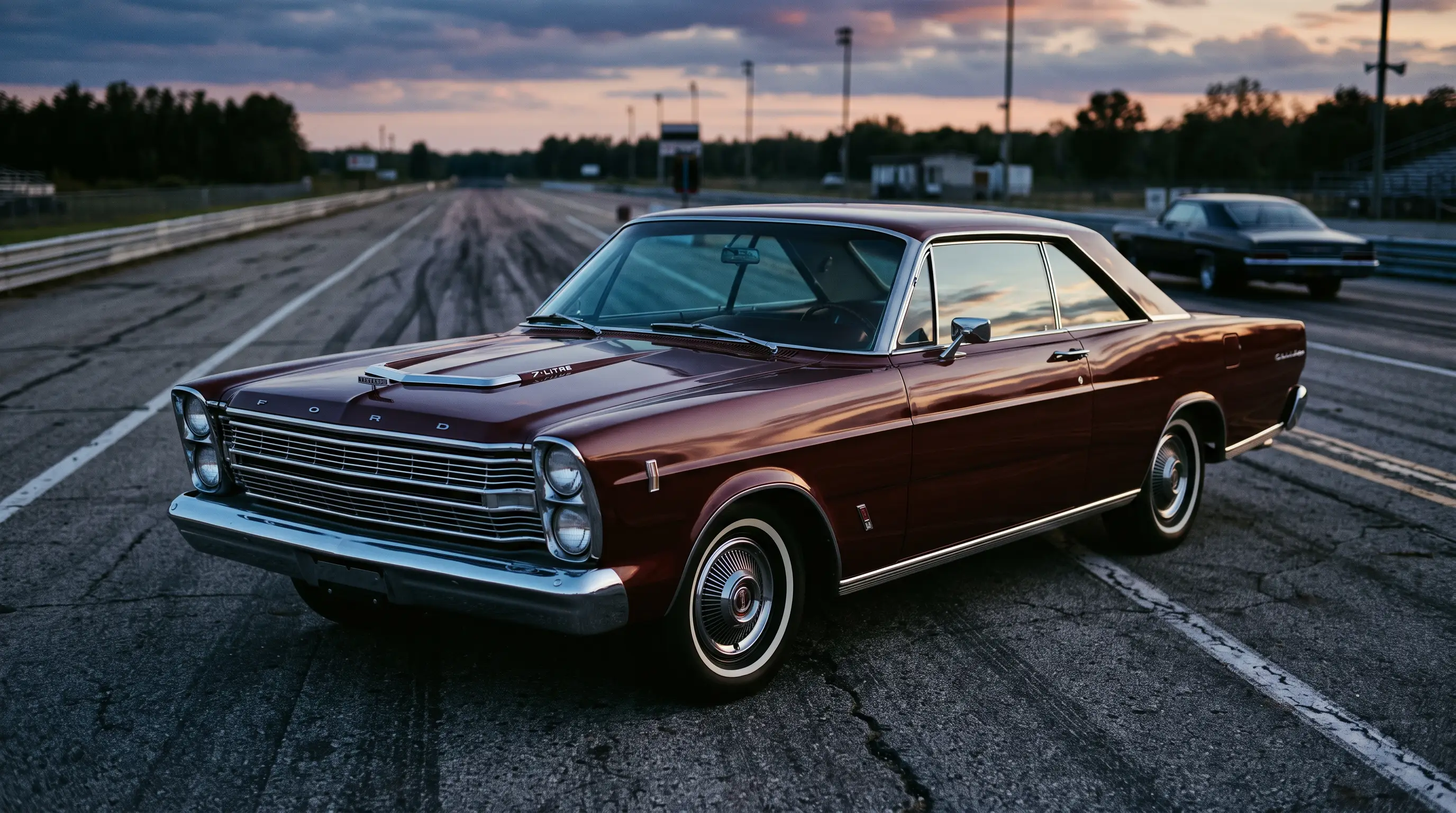 Maroon 1966 Ford Galaxie 7 Litre on a drag strip at dusk with a rival car in the background