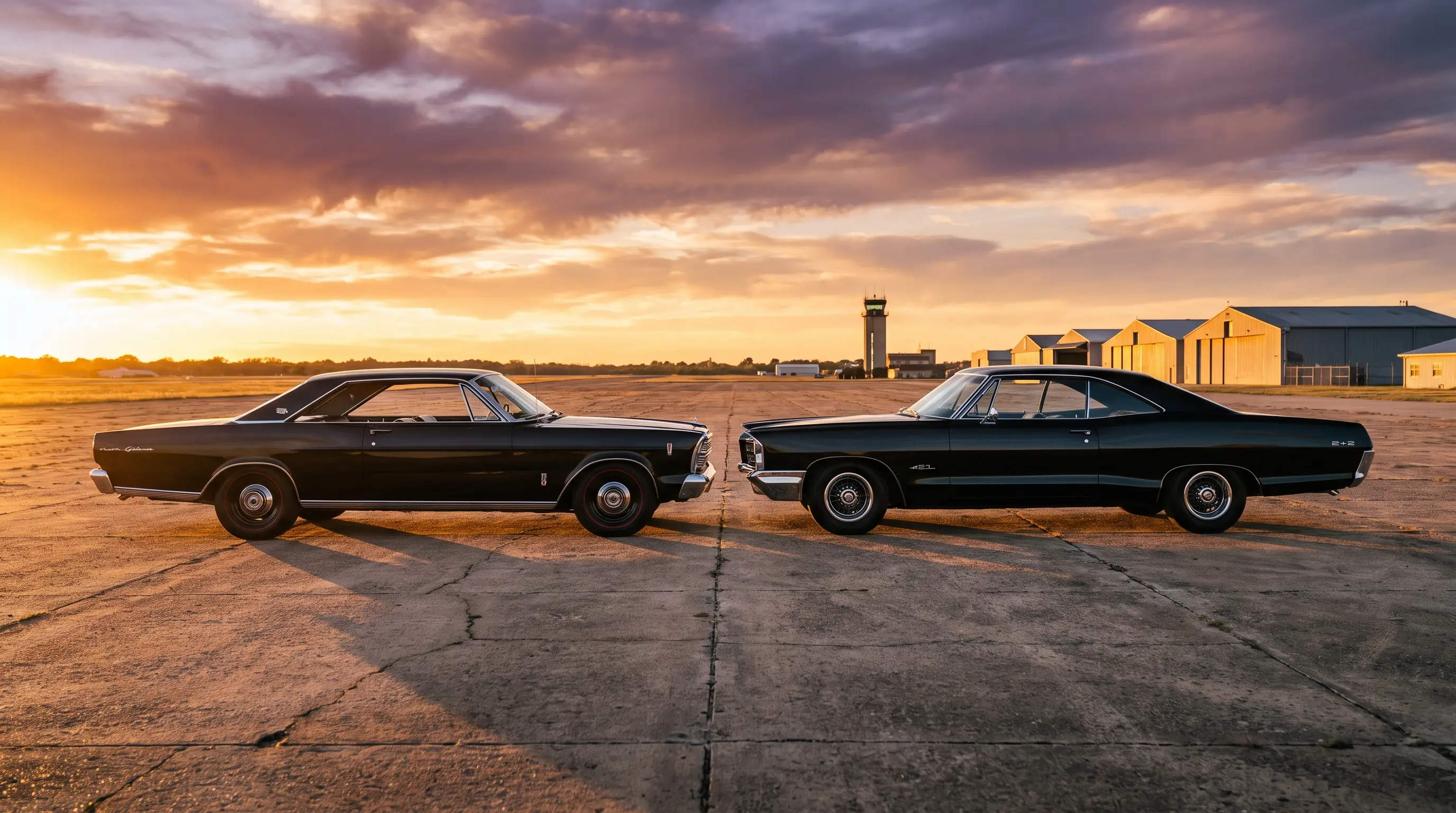 1966 Ford Galaxie 7 Litre and a Pontiac 2 plus 2 parked nose to nose at sunset