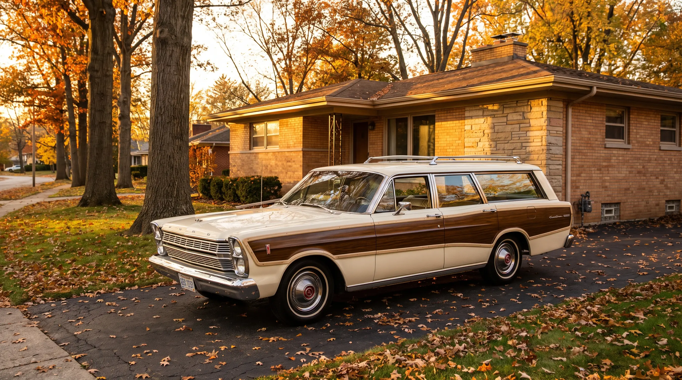 Cream 1966 Ford Galaxie Country Squire wagon with woodgrain panels in a suburban driveway