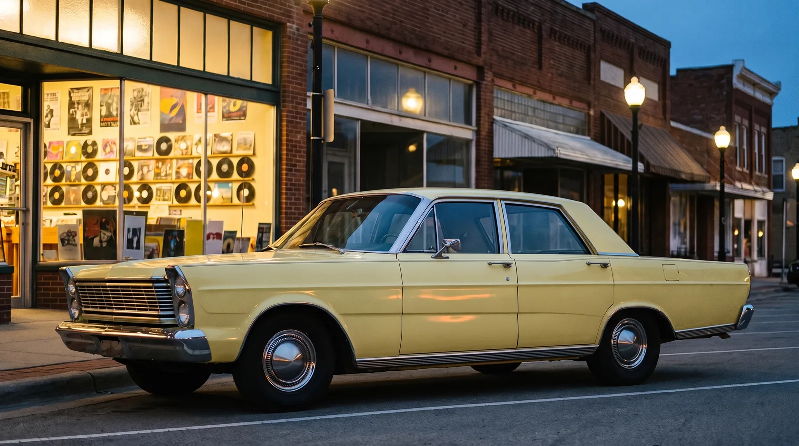 1965 Ford Galaxie 500 sedan — outside a record shop at dusk