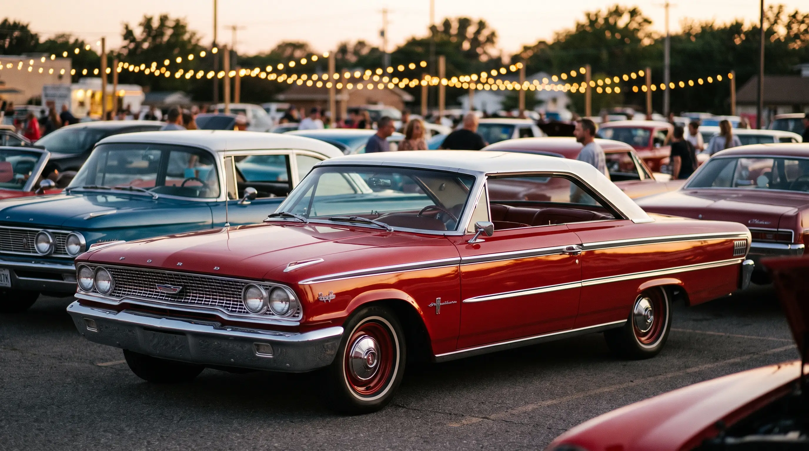 Two tone 1963 Ford Galaxie 500 Club Victoria hardtop at a dusk cruise in