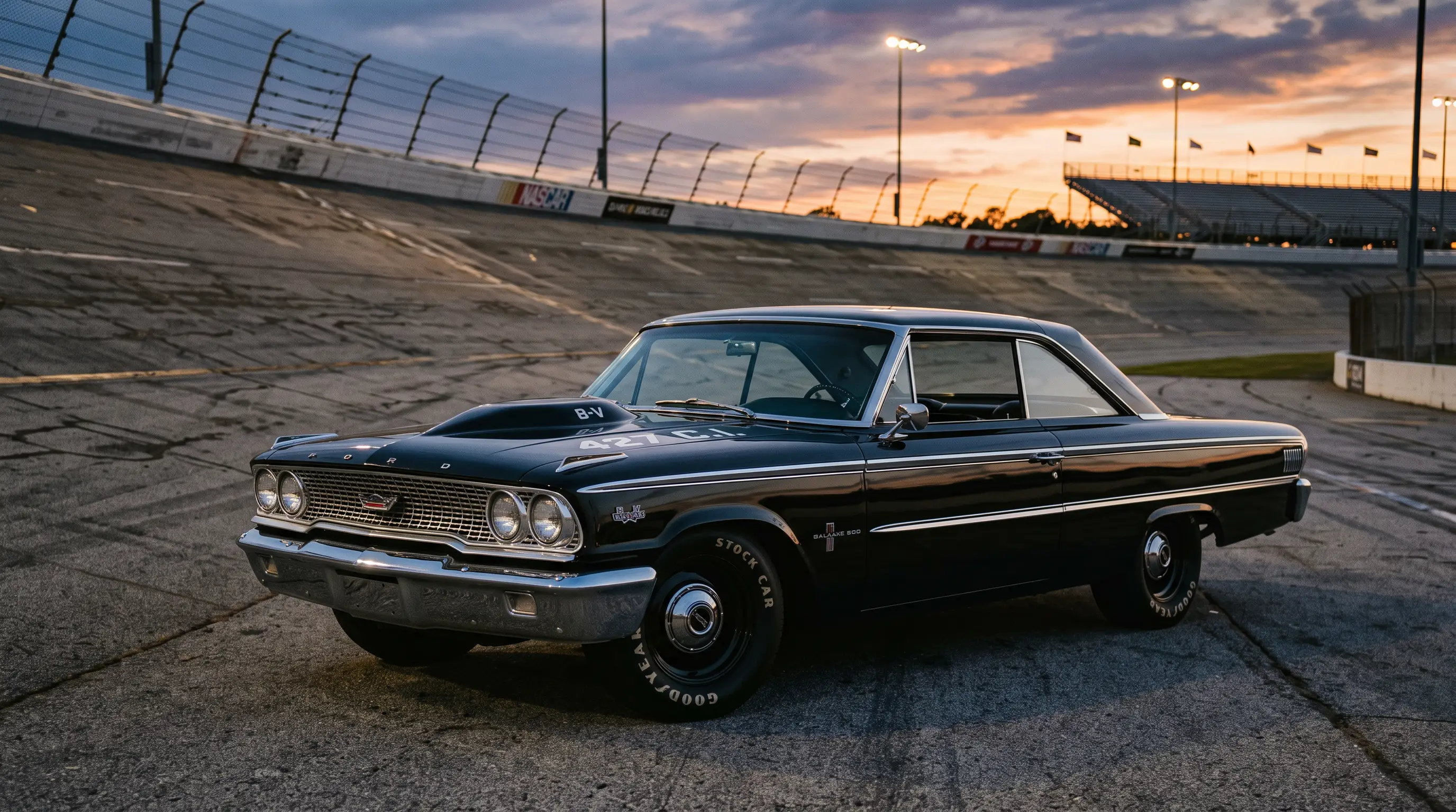 1963 Ford Galaxie 500 with FE big block parked at a vintage NASCAR speedway at dusk