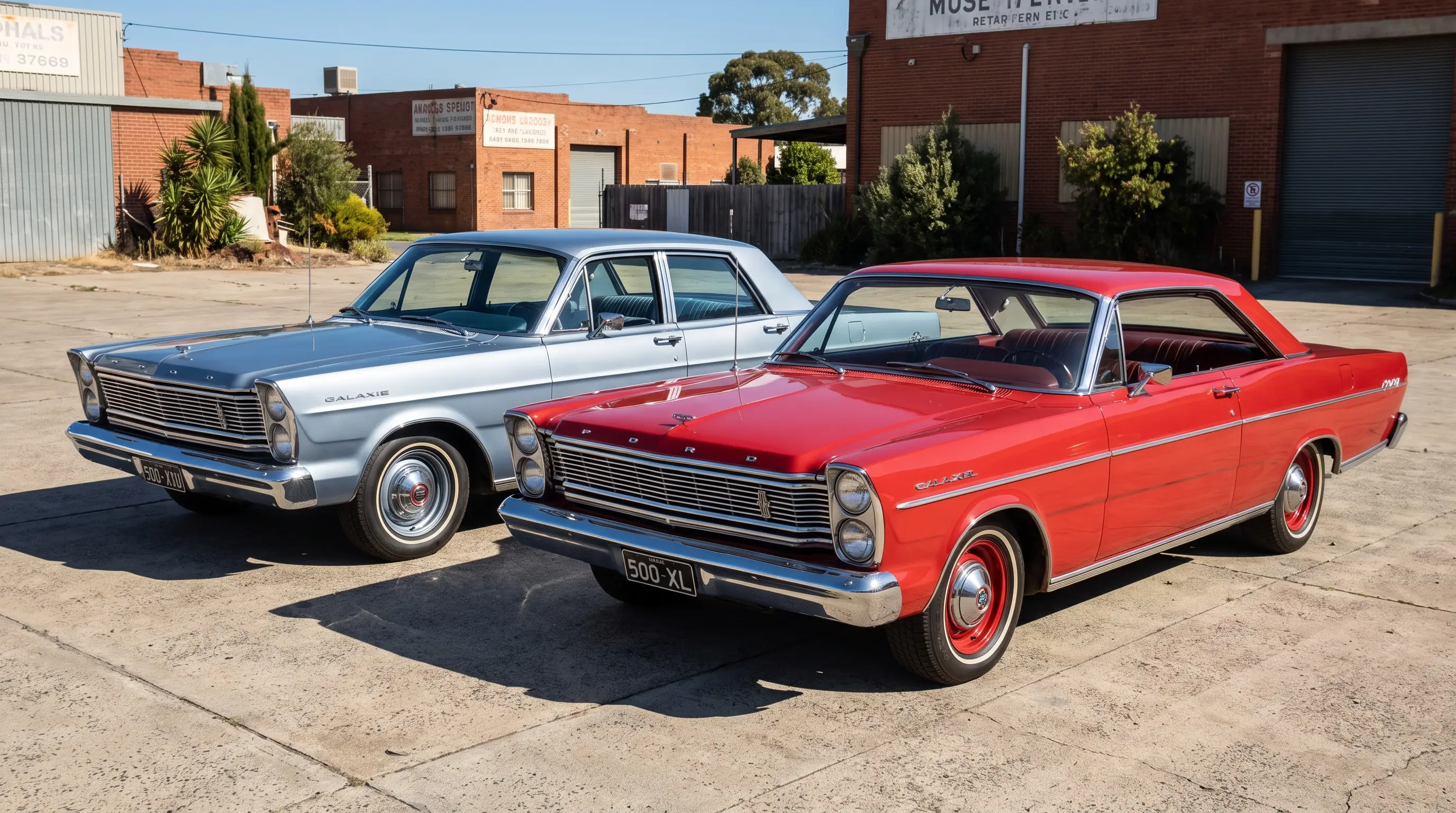 Silver blue Ford Galaxie 500 parked beside a red sportier Galaxie 500 XL coupe