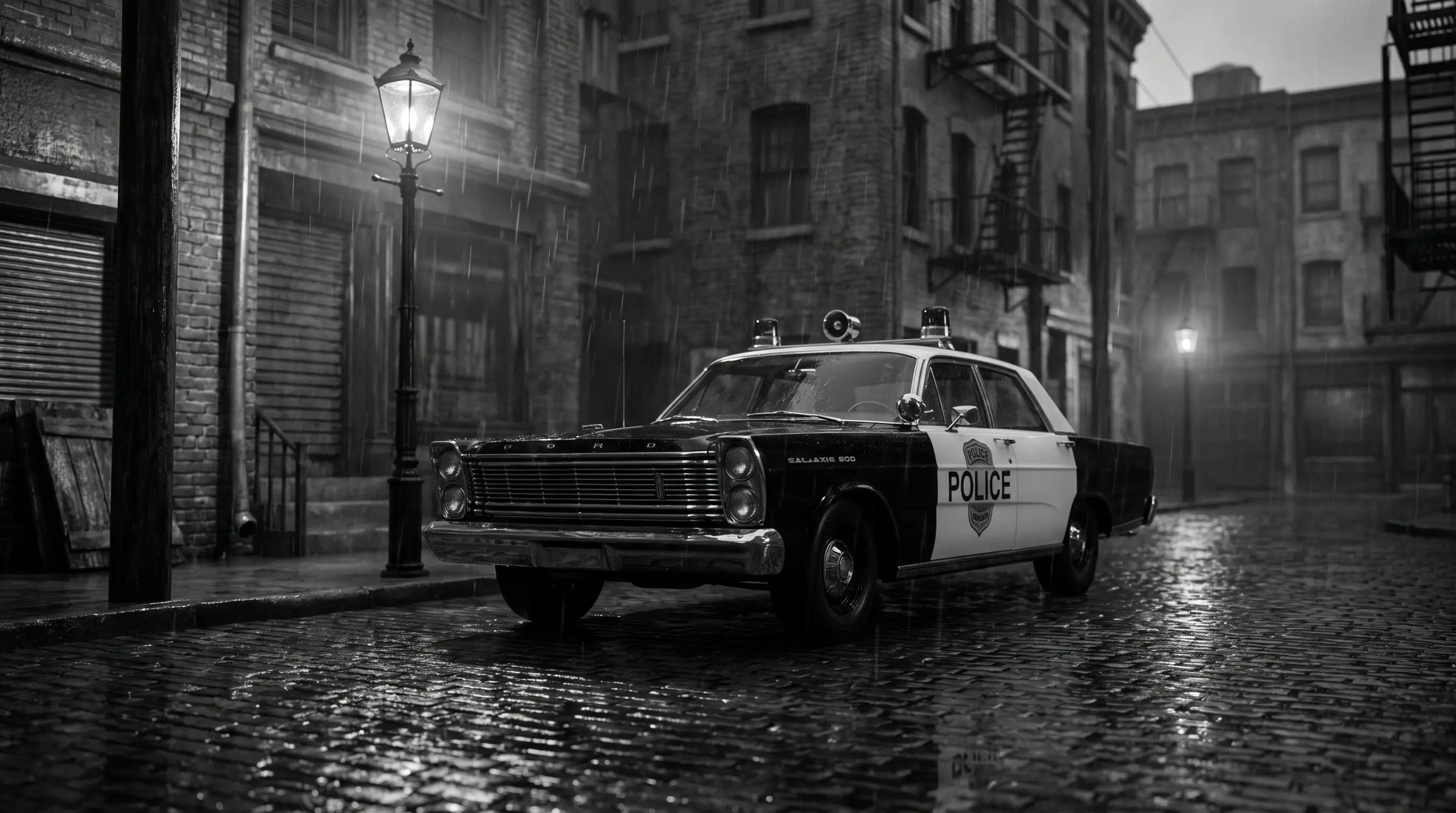 Black and white 1965 Ford Galaxie 500 police car on a rain slicked night street