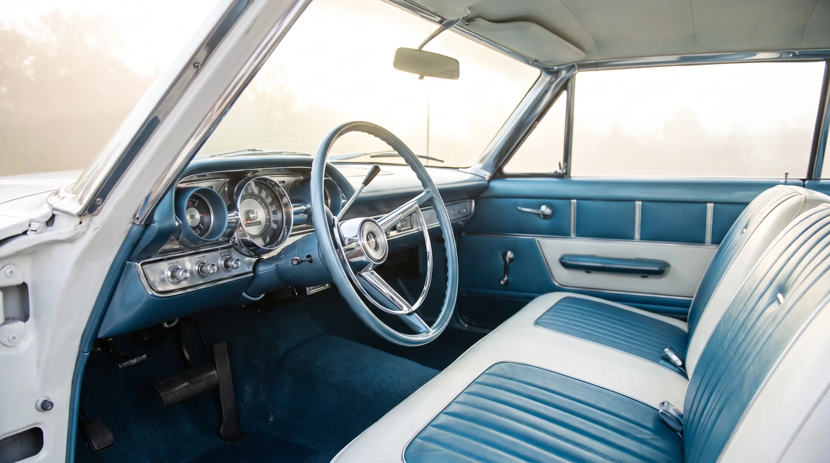 Chrome and vinyl interior of a 1963 Ford Galaxie 500 with space age gauges