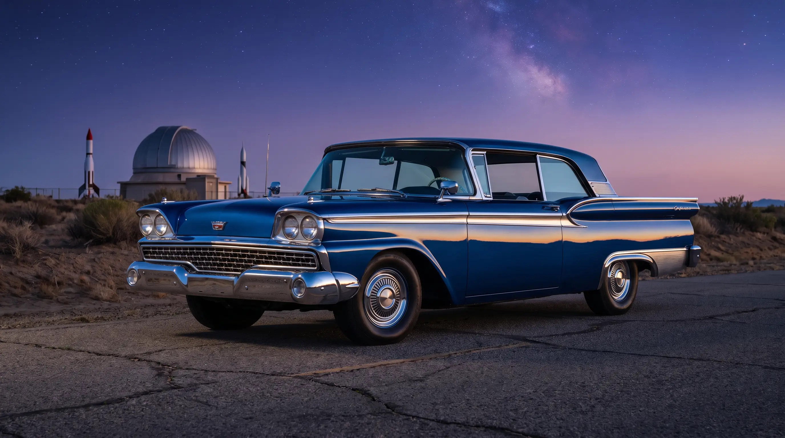 1959 Ford Galaxie 500 with space age fins under a starry twilight sky