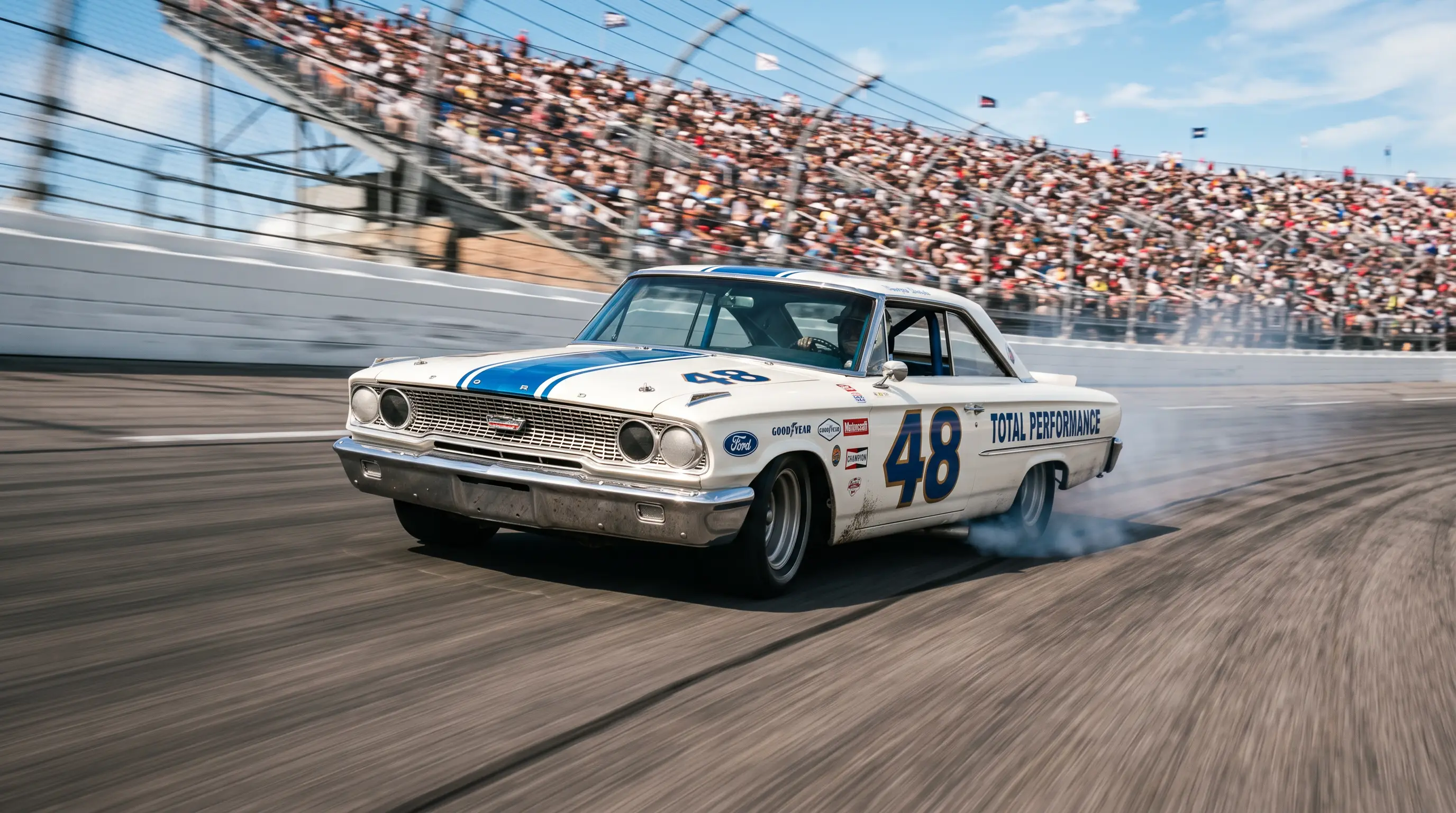 White and blue 1963 Ford Galaxie 500 stock car racing on a banked superspeedway