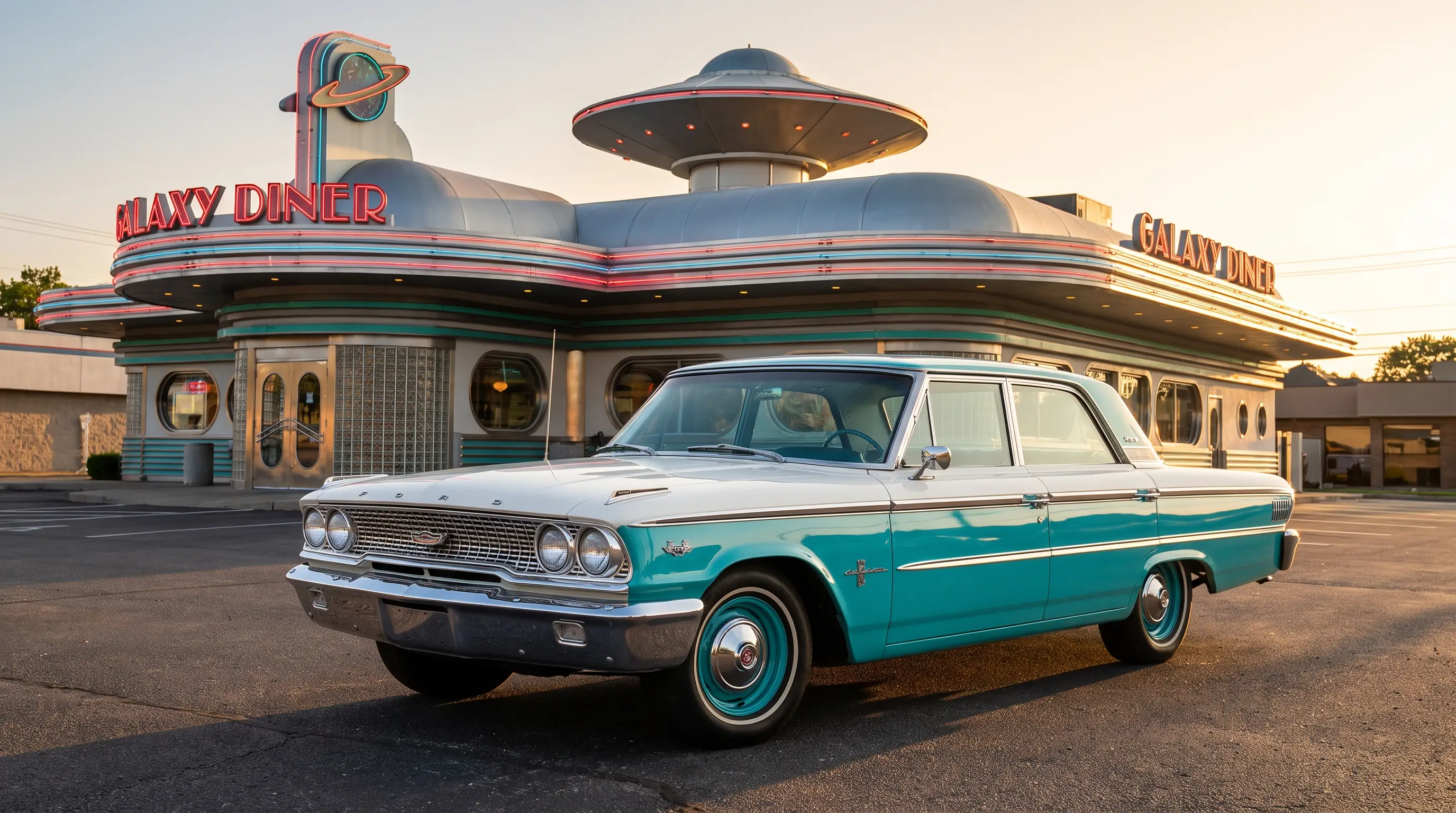 Two tone white and turquoise Ford Galaxie 500 at a vintage diner at sunset