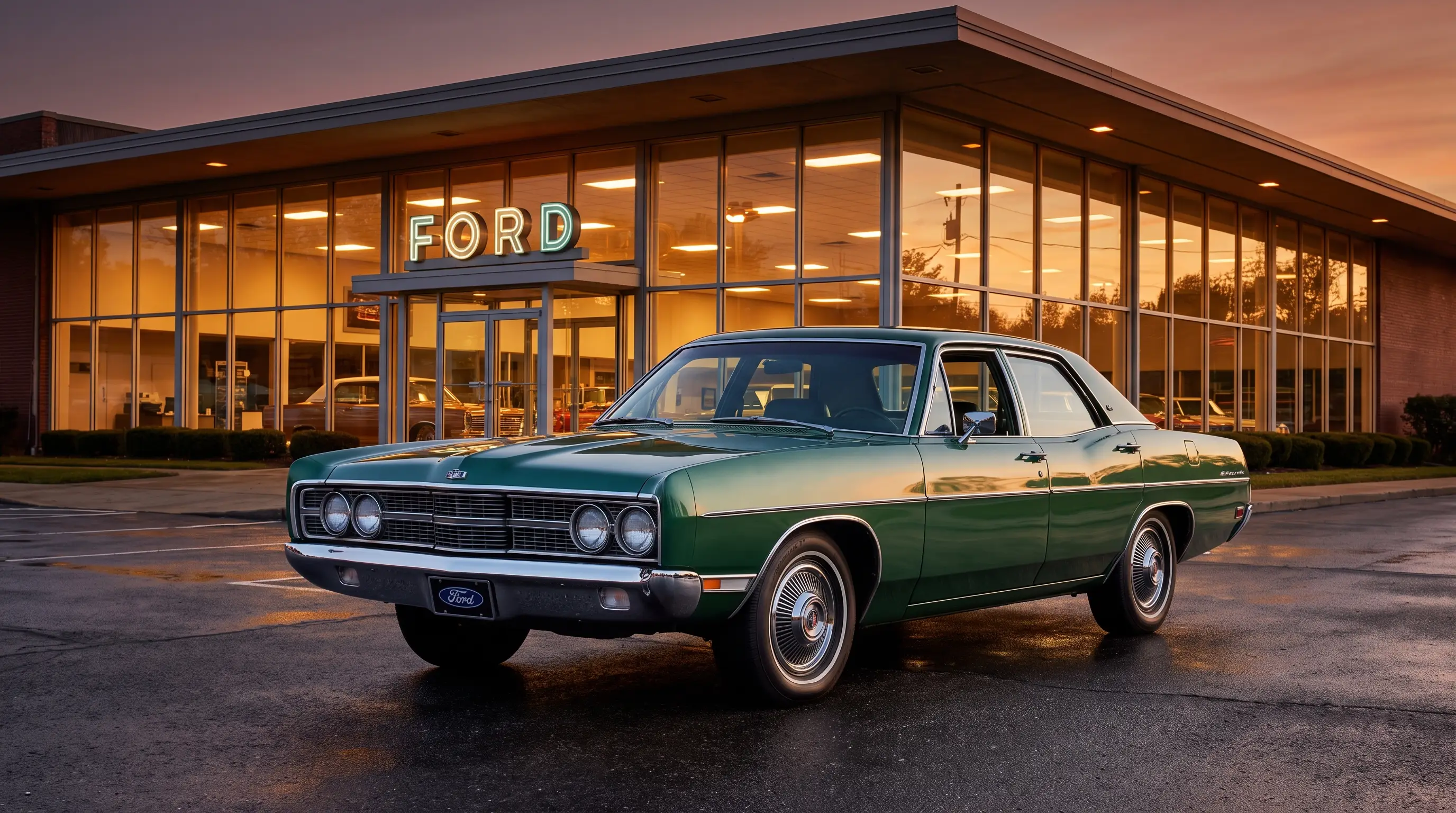 1970s Ford Galaxie 500 sedan in front of a mid century dealership at dusk