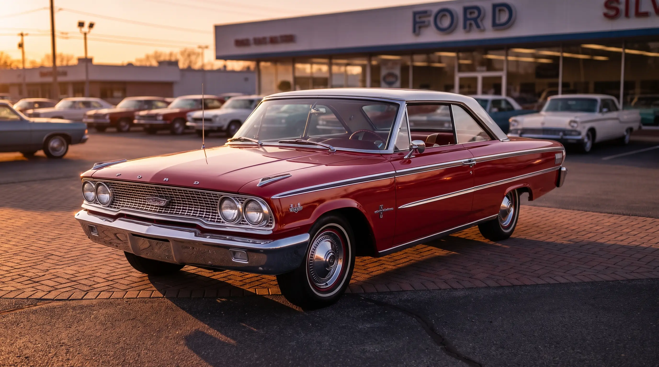 Chrome 1963 Ford Galaxie 500 parked on a dealership lot at golden hour