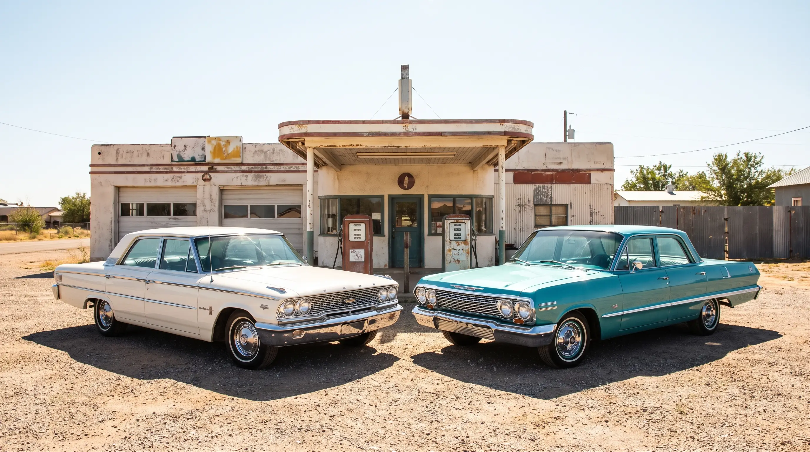 White 1963 Ford Galaxie 500 and turquoise Chevrolet Impala parked at a vintage gas station