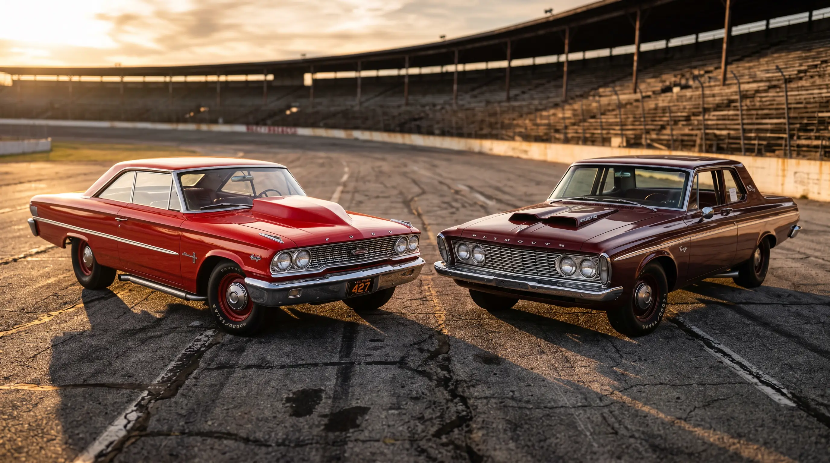 Red 1963 Ford Galaxie 500 and Plymouth Fury nose to nose at a vintage NASCAR speedway