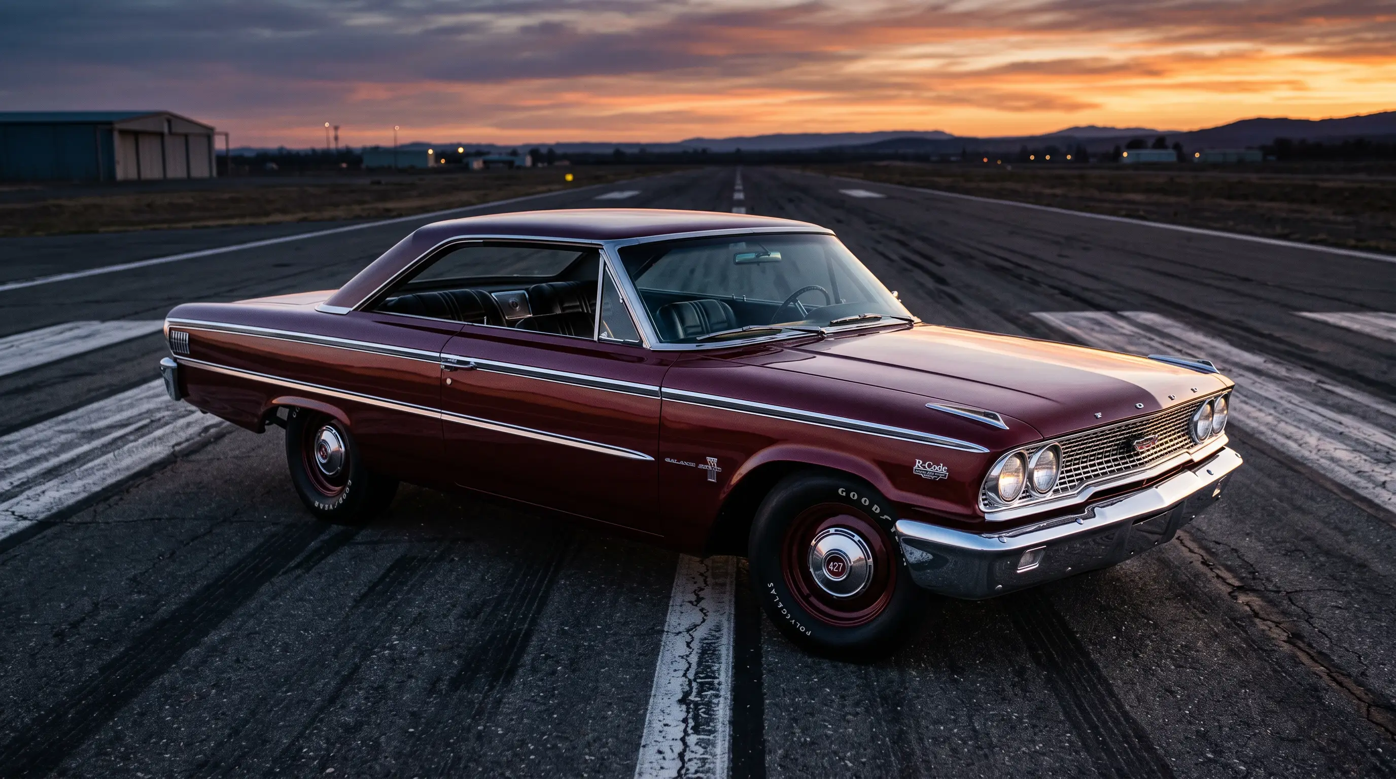 Maroon Ford Galaxie 500 XL with bucket seats parked on a drag strip at dusk