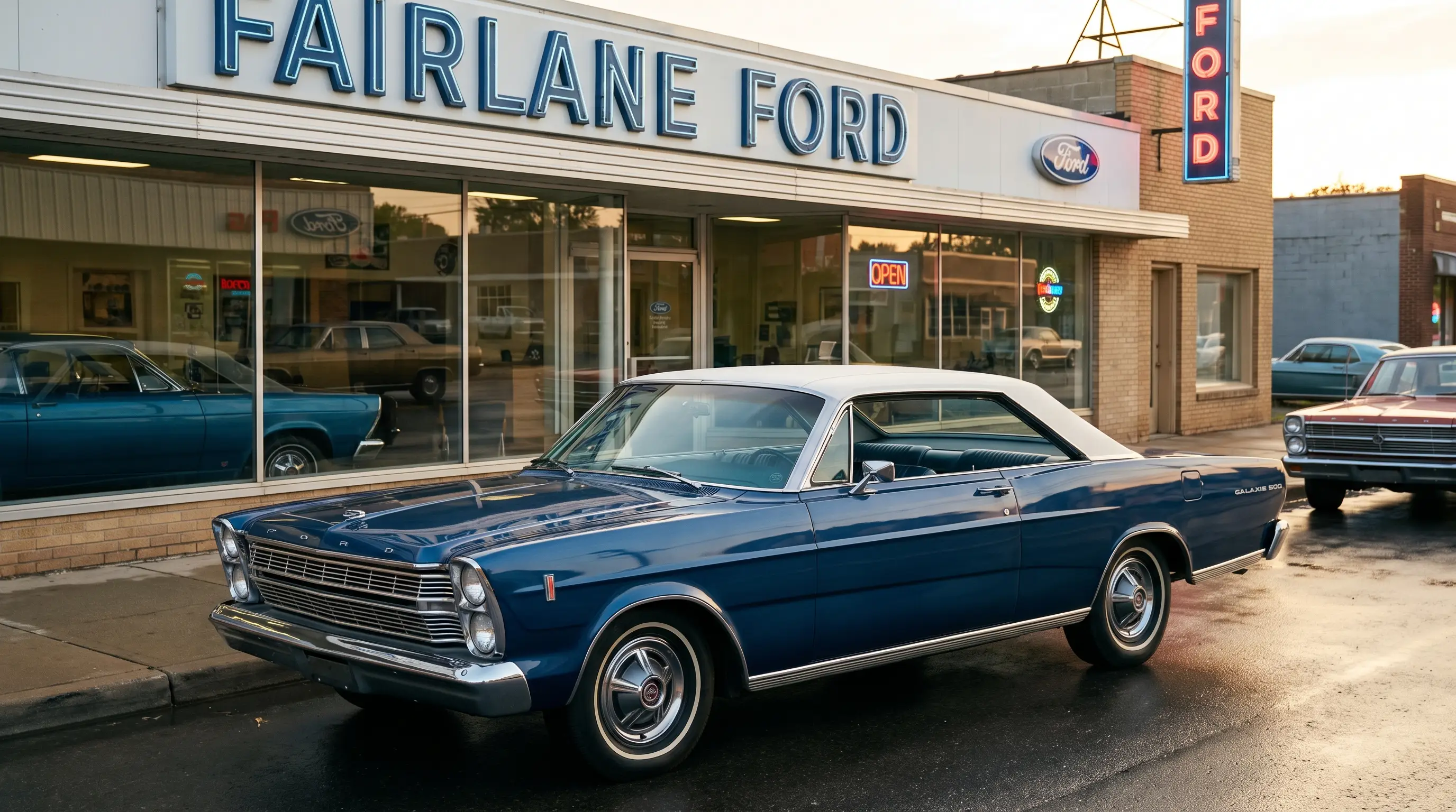 Blue 1966 Ford Galaxie 500 XL with white vinyl top outside a vintage dealership