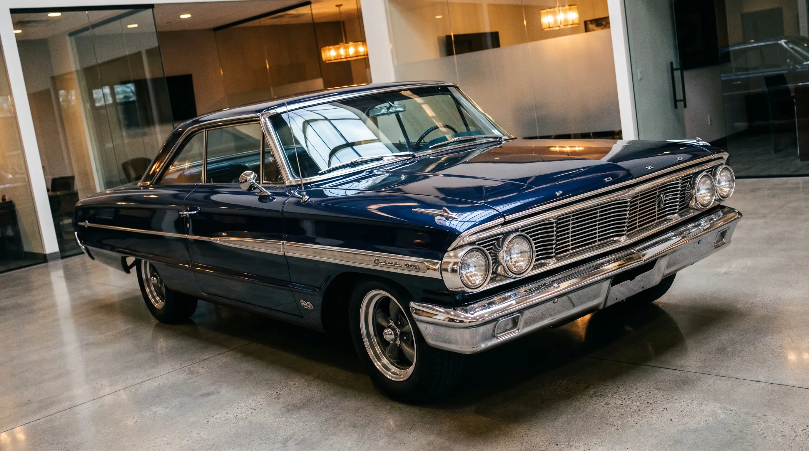 Pristine Ford Galaxie 500 XL with glossy paint and chrome trim in showroom light