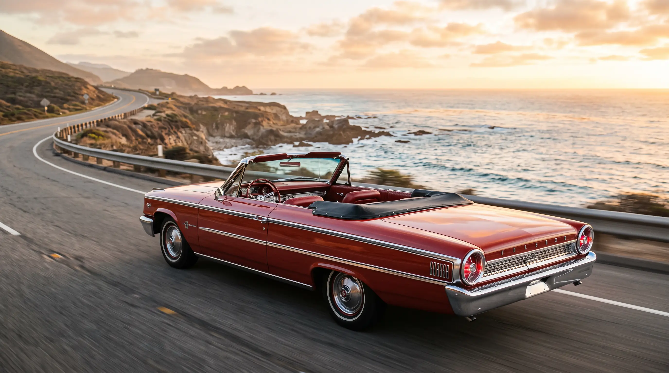 1963 Ford Galaxie 500 XL convertible top down on a coastal highway at golden hour
