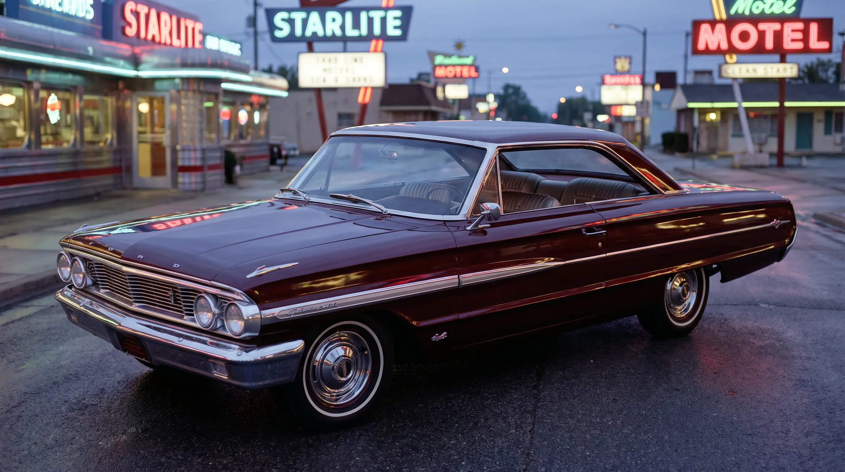 1960s Ford Galaxie 500 XL coupe on a neon lit evening street