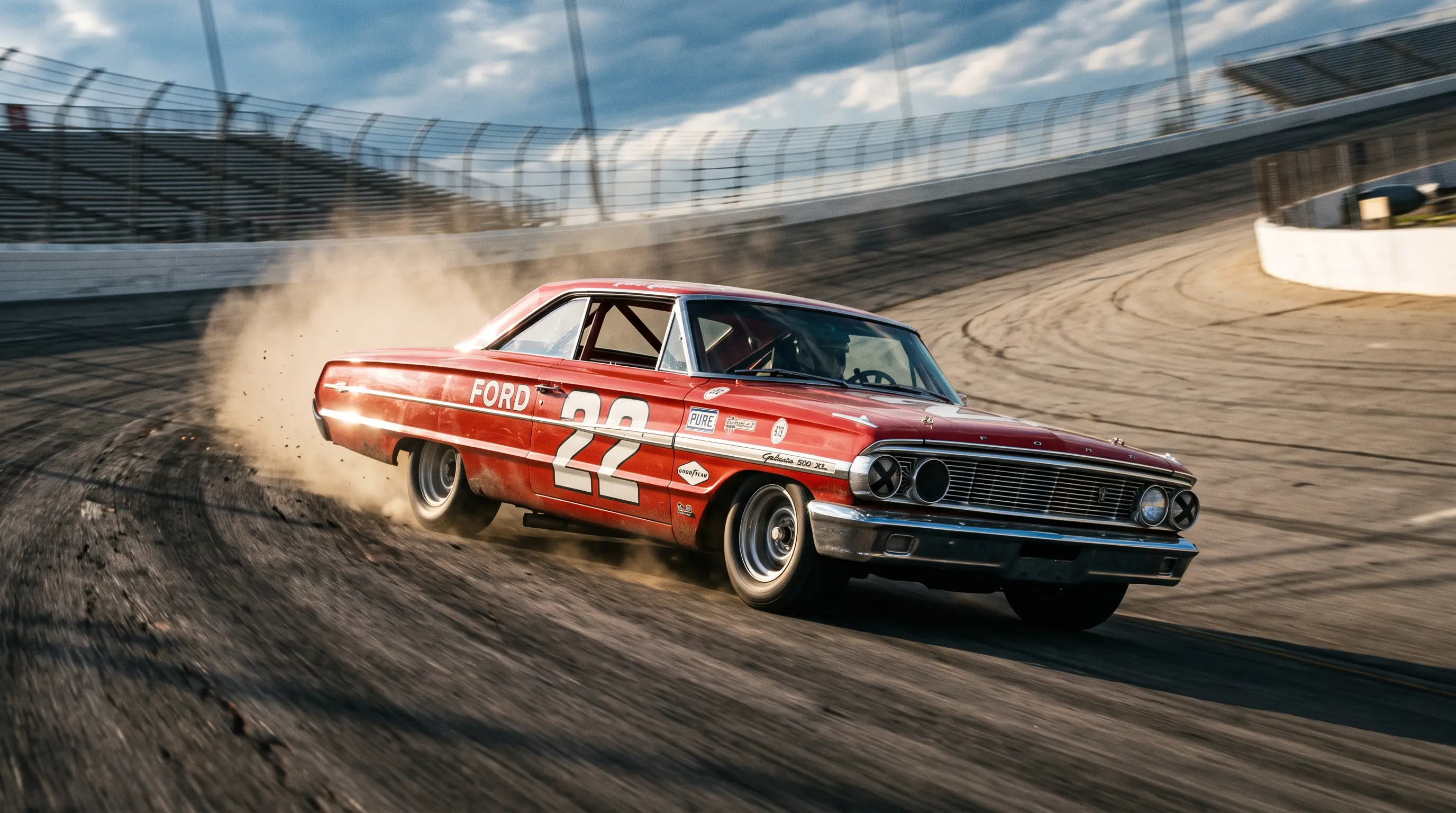 1960s Ford Galaxie 500 XL racing on a NASCAR superspeedway with motion blur