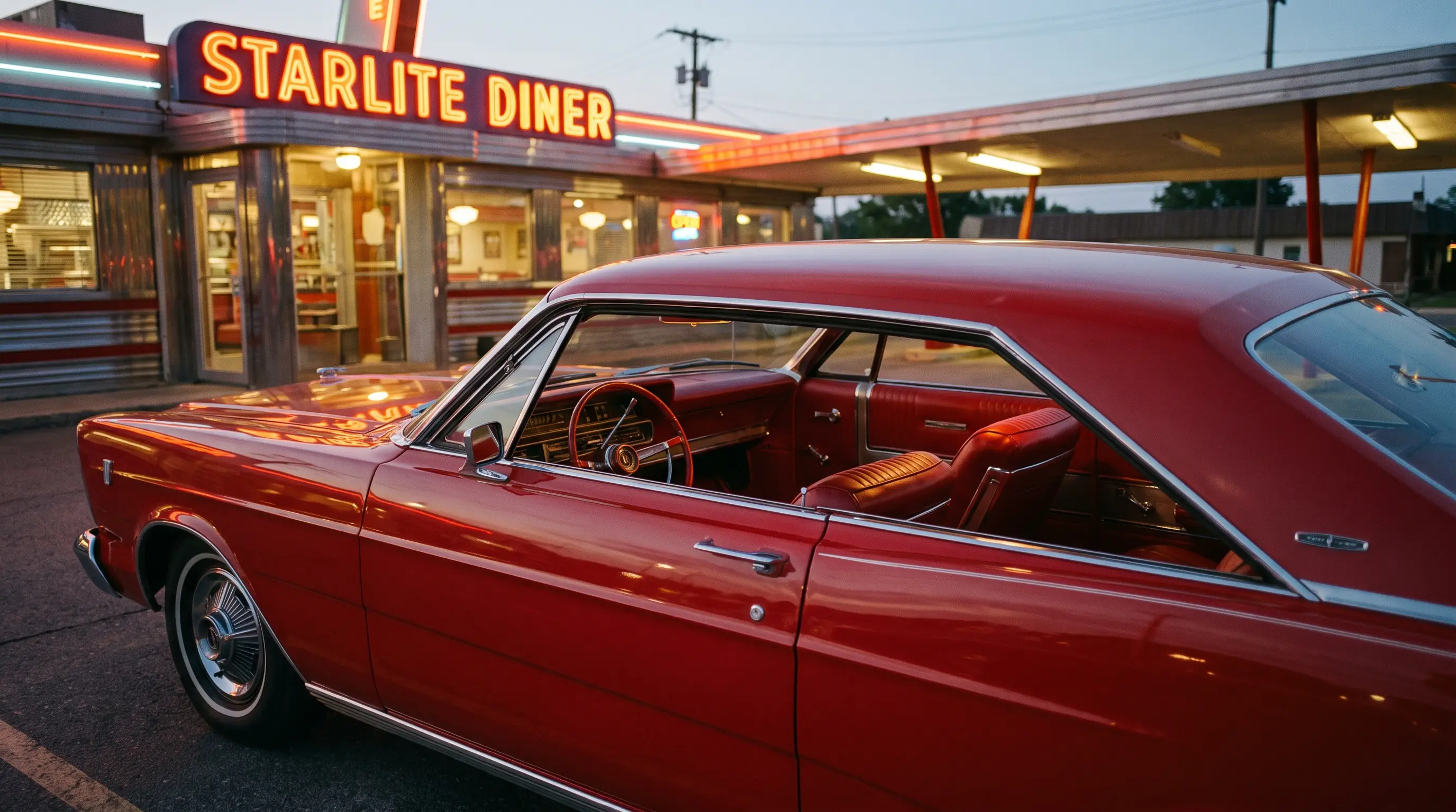 Red 1966 Ford Galaxie 500 XL parked at a vintage drive in diner at dusk