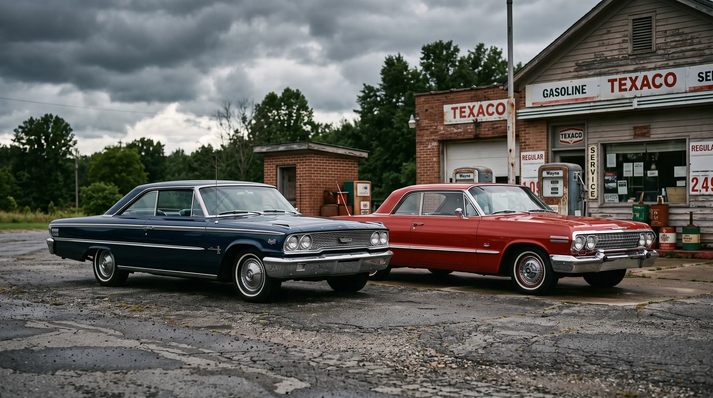 1963 Ford Galaxie 500 XL parked beside a Chevrolet Impala SS at a period gas station