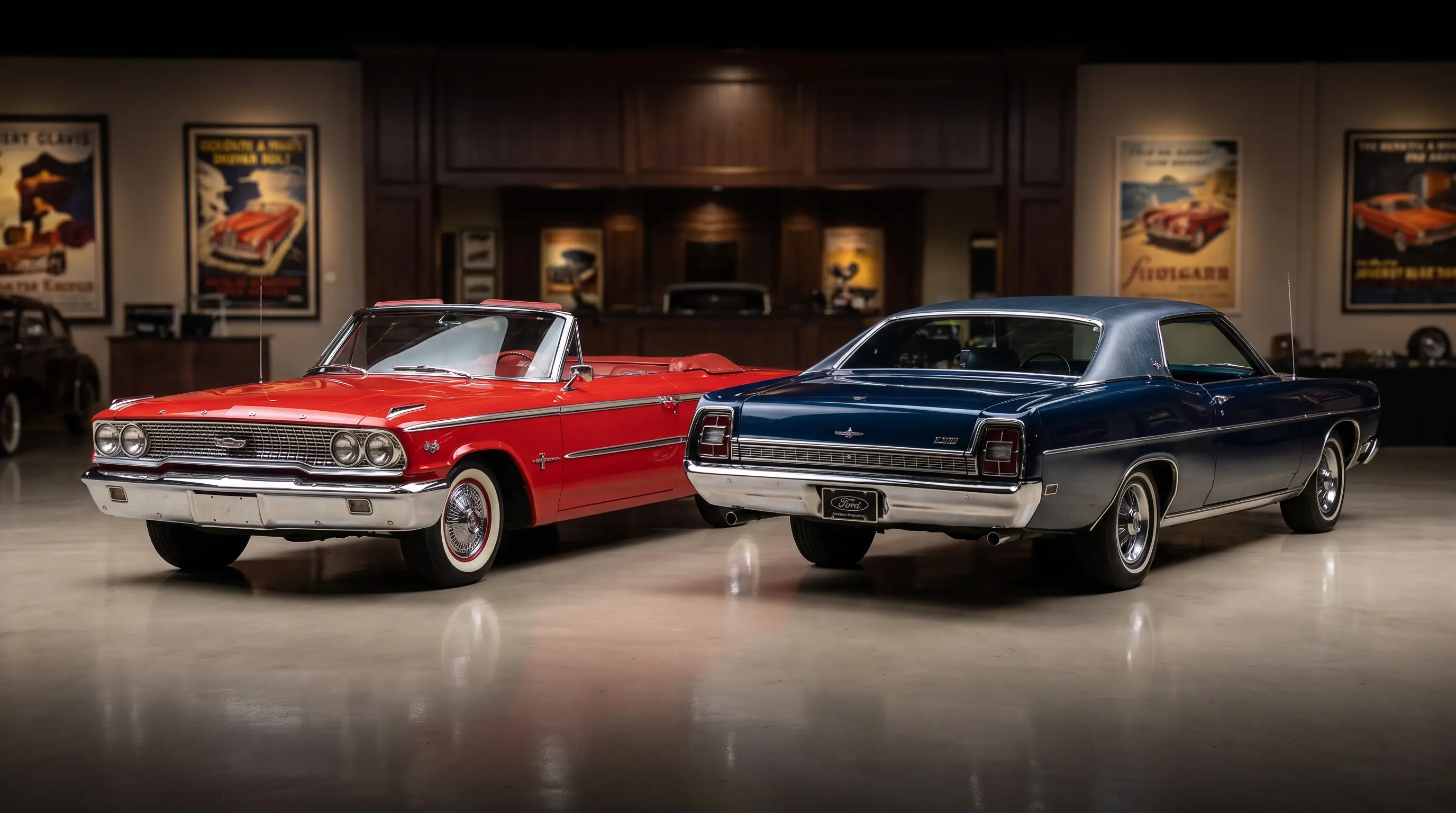 Sporty 1963 Ford Galaxie 500 XL parked beside a plush Ford LTD on a showroom floor